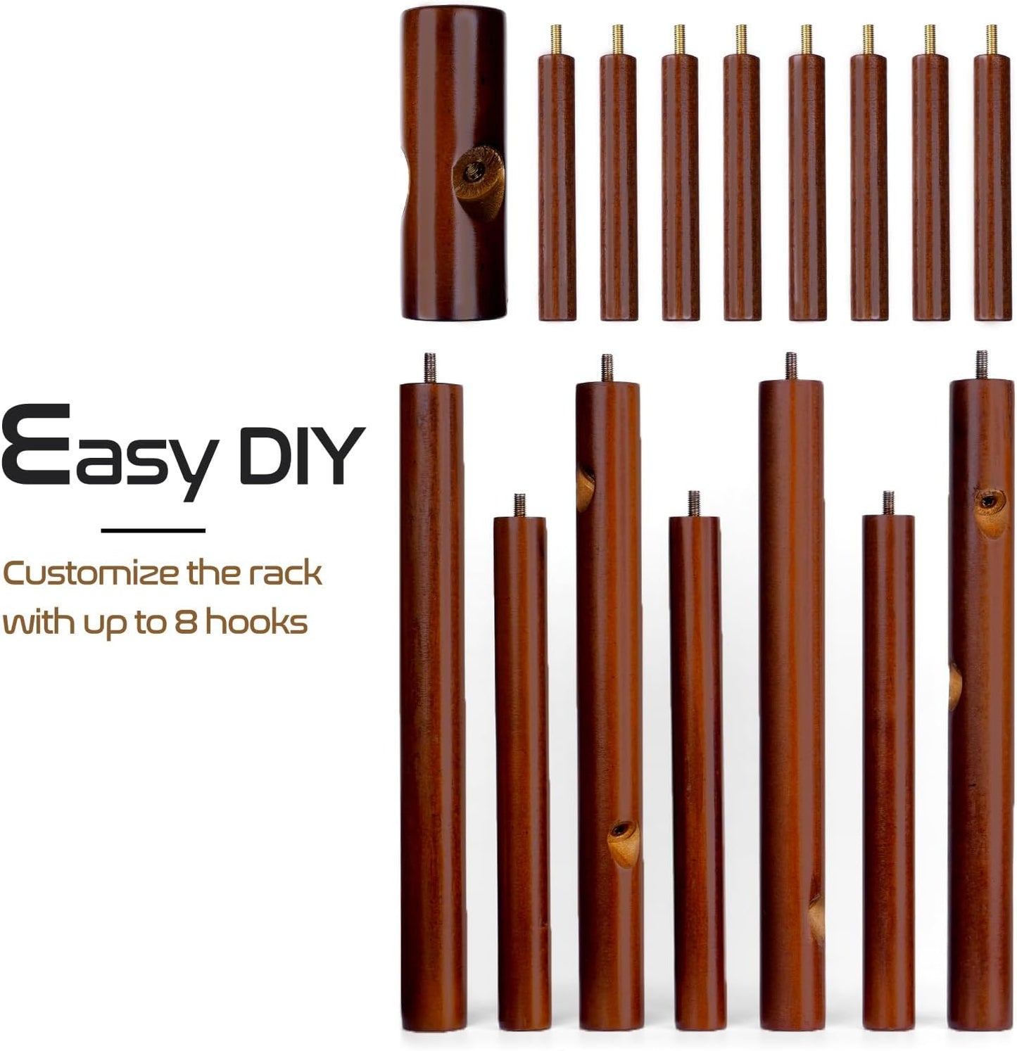 Solid Wooden Coat Rack - Freestanding New Zealand Pine Tree with 8 Hooks | Adjustable Sizes for Coats, Hats, and Handbags (Brown)