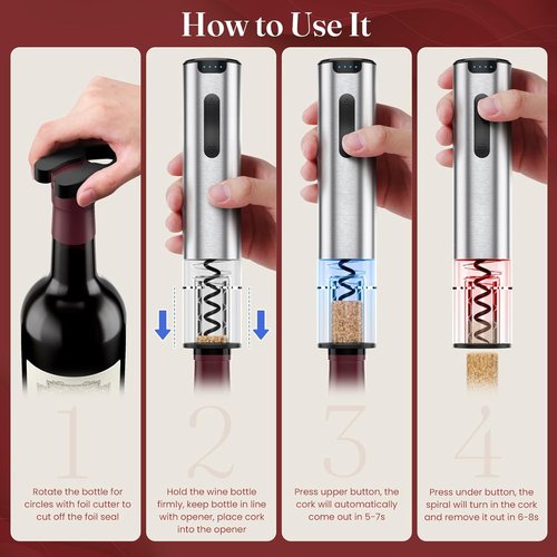 HomeHacks Electric Wine Opener - Automatic Opener with Foil Cutter & Vacuum Stopper | Rechargeable Gift for Wine Lovers