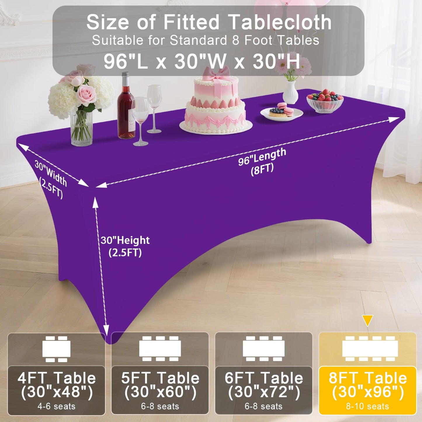 Smiry 2 Pack Spandex Table Cloth 8FT, Elastic Fitted Stretch Tablecloths for Rectangle Tables, Washable Table Cover for Outdoor, Wedding, Banquet & Parties (Purple, 96Lx30Wx30H Inch)