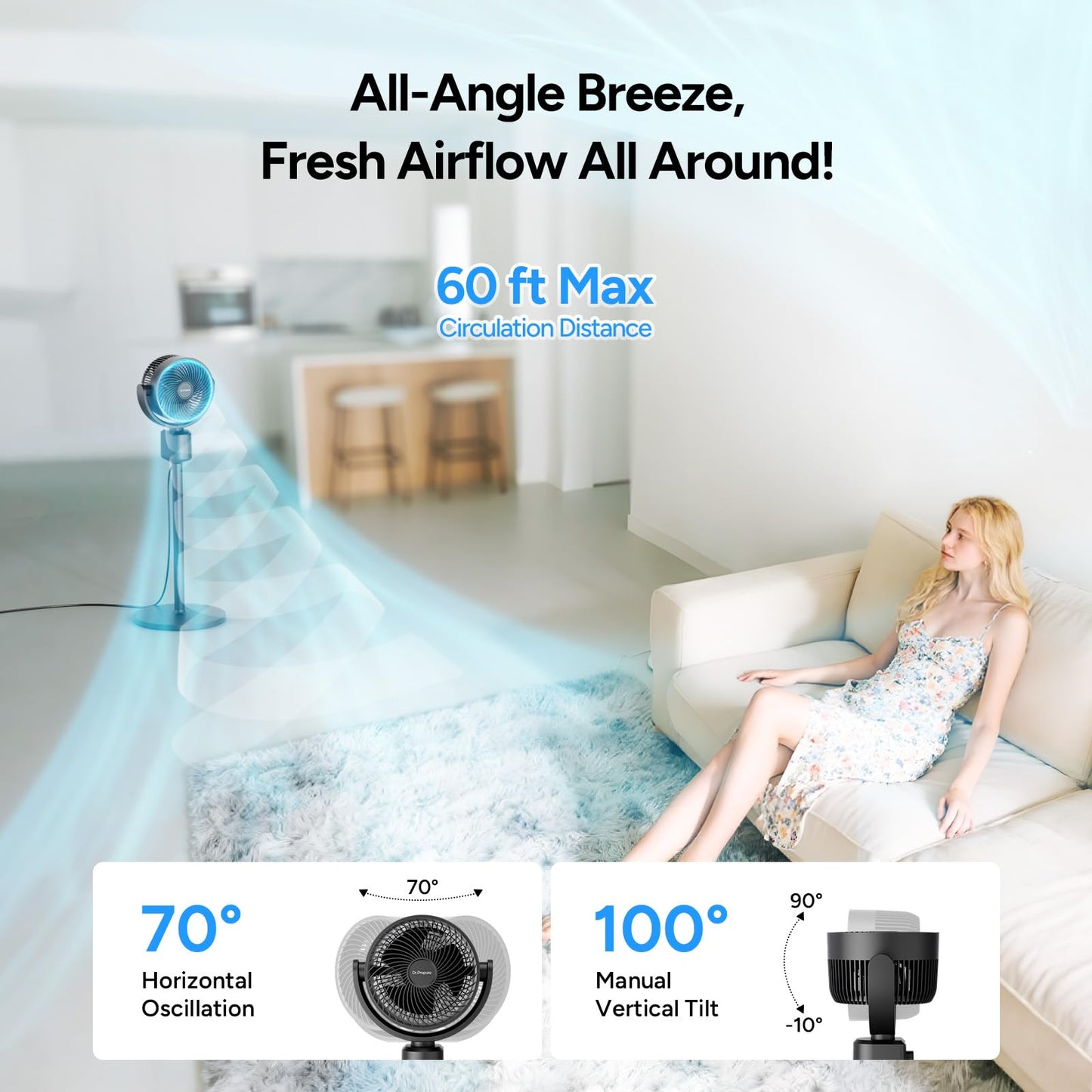 DR.PREPARE Compact Misting Pedestal Fan with Magnetic Mister, Quiet Air Circulator Standing Fan, 16-34" Adj. Height, 70°Auto-Oscillation, 90° Up+10° Down Tilt, 3 Speeds for Small‑Medium Patio Backyard