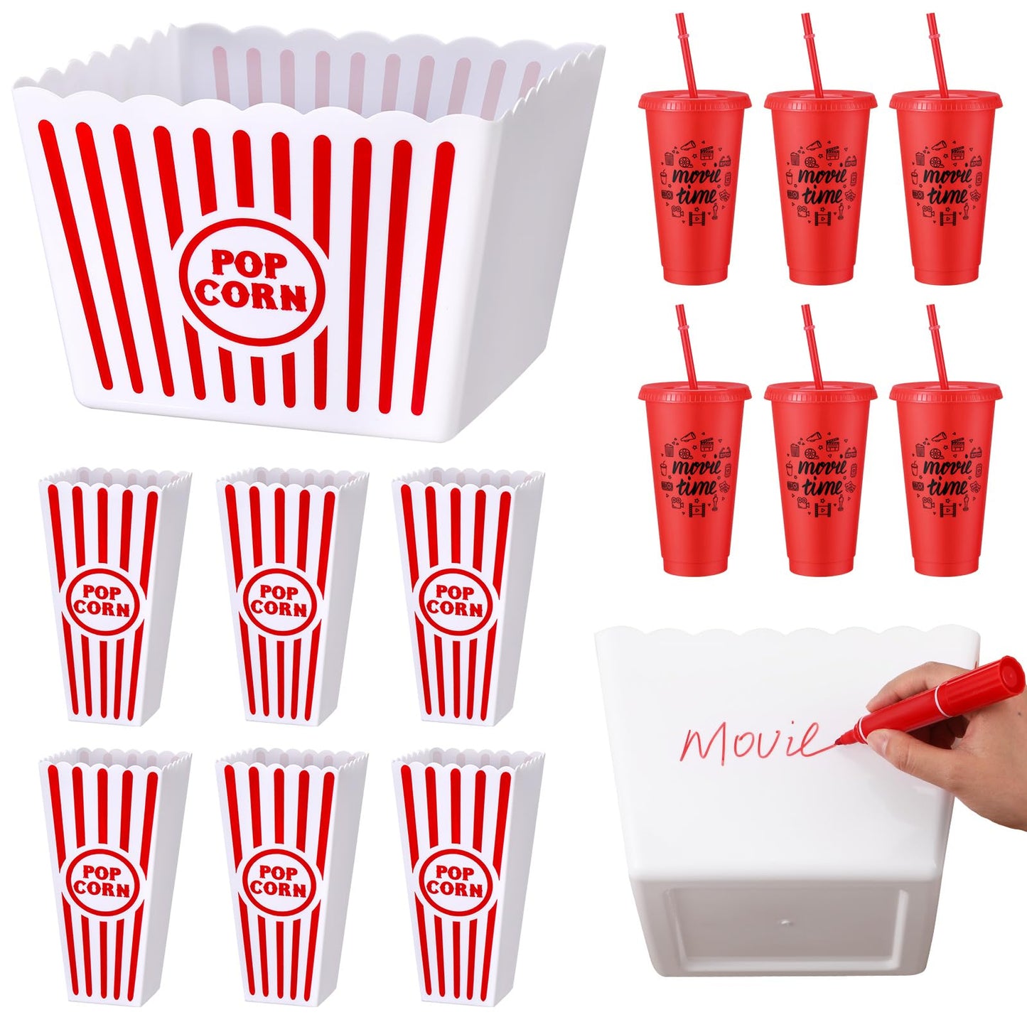 Reallnaive 15 Pcs Movie Night Popcorn Organizer Set Family Red & White Striped Plastic Popcorn Container Reusable Drinking Cup for Holiday Parties, Family Gatherings & Home Theater