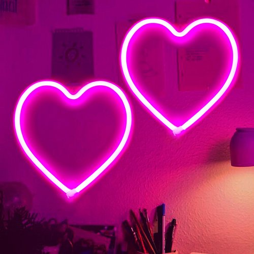 2-Pack Pink Heart Neon Sign, Neon Heart Lights Battery Operated or USB Powered For Valentines Day Decorations, LED Valentines Lights for Wedding Proposal Anniversary Mothers Day Girls’ Bedroom Decor