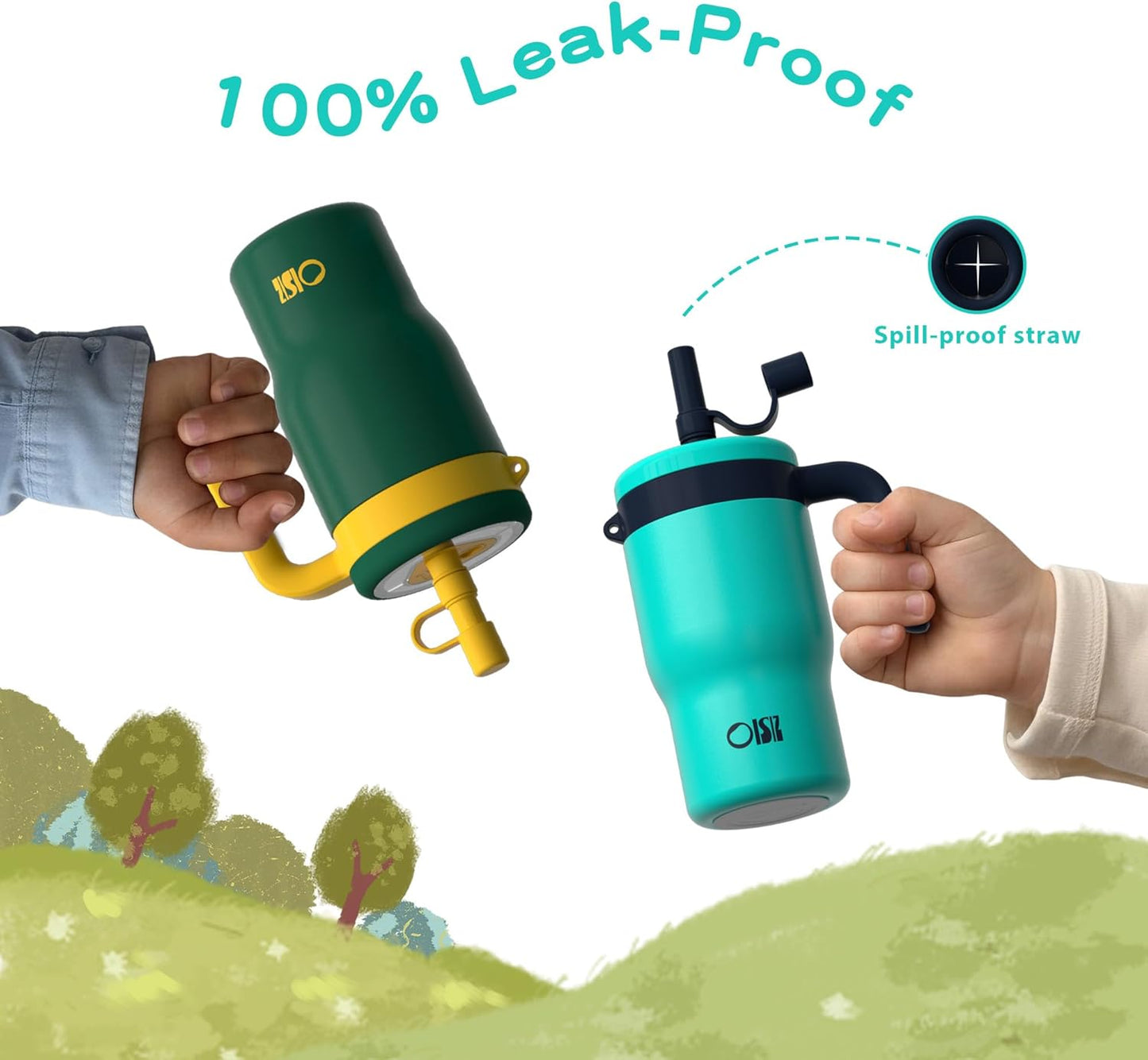 OISIZ 14oz Kids Tumbler - Leakproof Stainless Steel Cup with Straw Lid & Handle | Dark Green