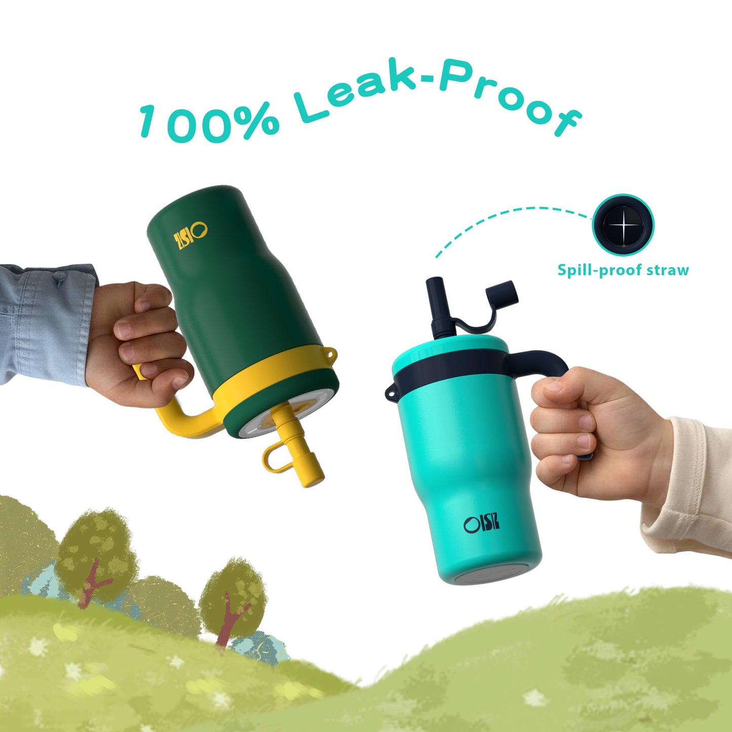 OISIZ 14oz Kids Tumbler with Straw Lid & Handle,Kids Cup with Animal Accessory for School,Kids Water Bottles with Dust-proof Cover,Leakproof Bottles,316 Stainless Steel,Keep Cold 24 Hours-dark green