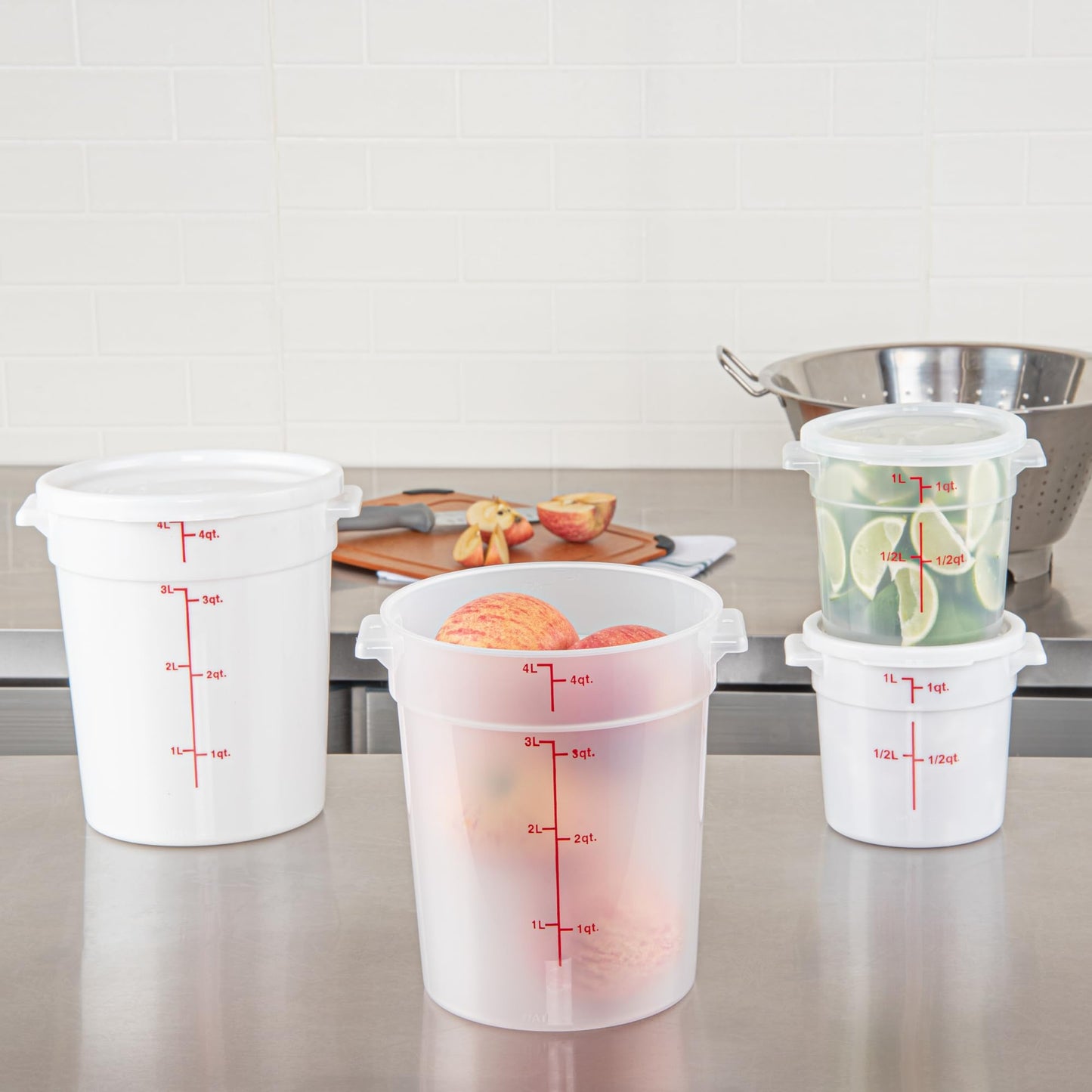 Restaurantware-Met Lux 4 Quart Food Storage Container, 1 Translucent Storage Container - Lids Sold Separately, Red Volume Markers, Dishwashable Container, Side Handles, For Storing Foods