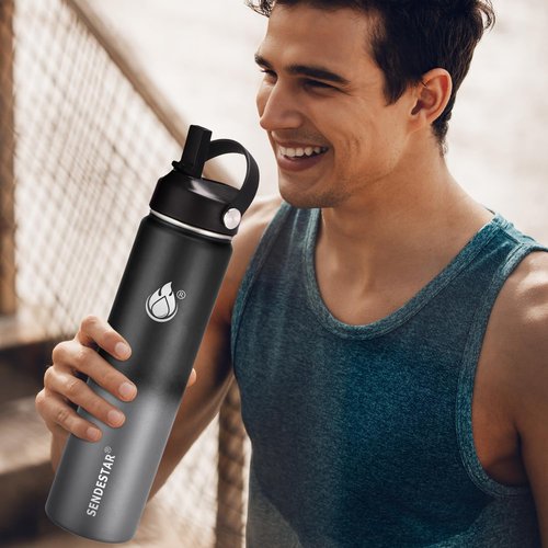 Insulated Water Bottle 24 oz with Straw, Stainless Steel Wide Mouth Water Bottle, Double Wall Vacuum Leak Proof with Straw Lid & Spout Lid for Sports or Office, Keep Cold or Hot Up to 24 Hrs