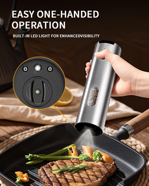 CIRCLE JOY Electric Salt and Pepper Grinder Set - Rechargeable Stainless Steel Mill with LED Light & Adjustable Coarseness | 110ML Top-Fill