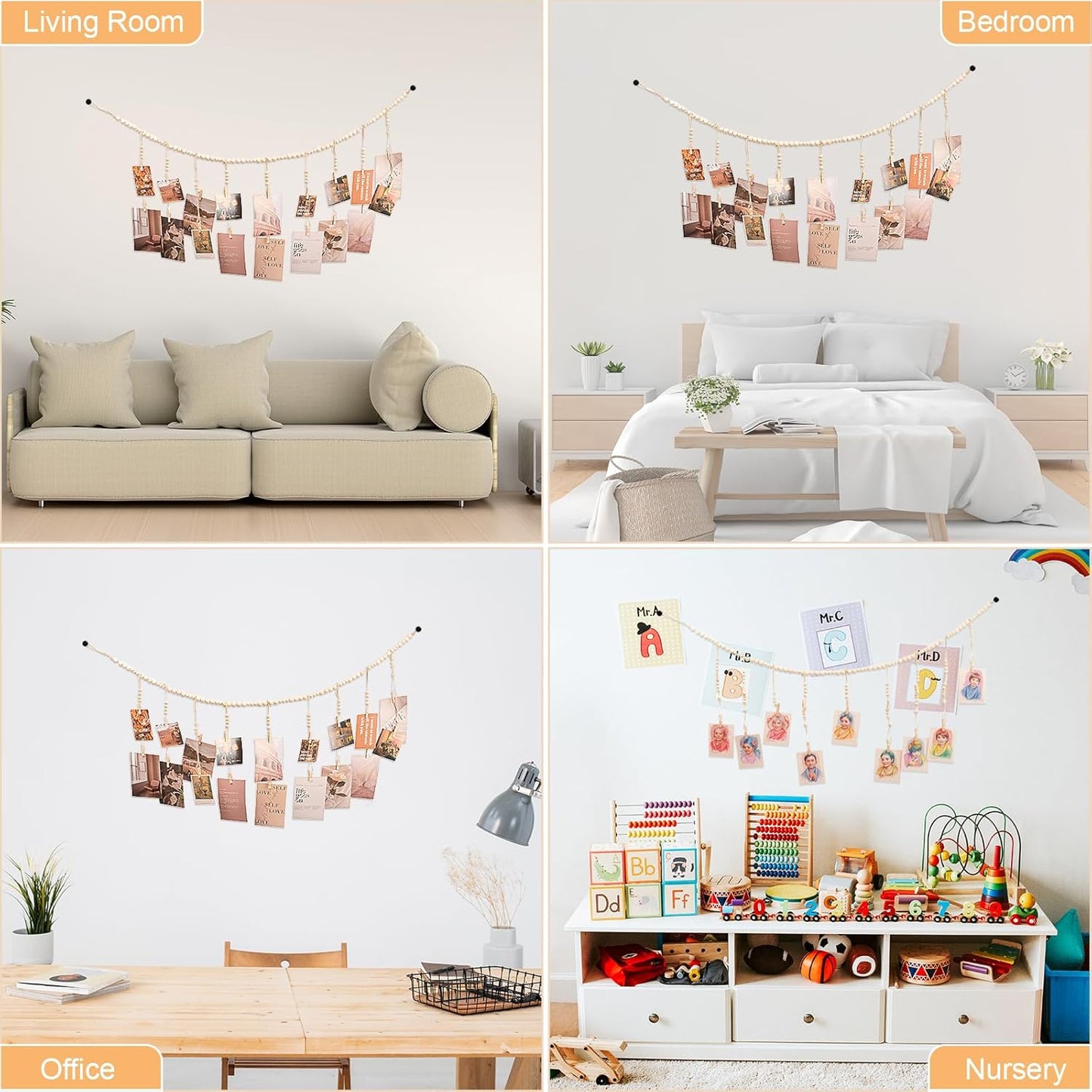 Skiennix Hanging Photo Display - 18 Wooden Clips for Boho Wall Décor | Perfect for Bedroom & Dorm
