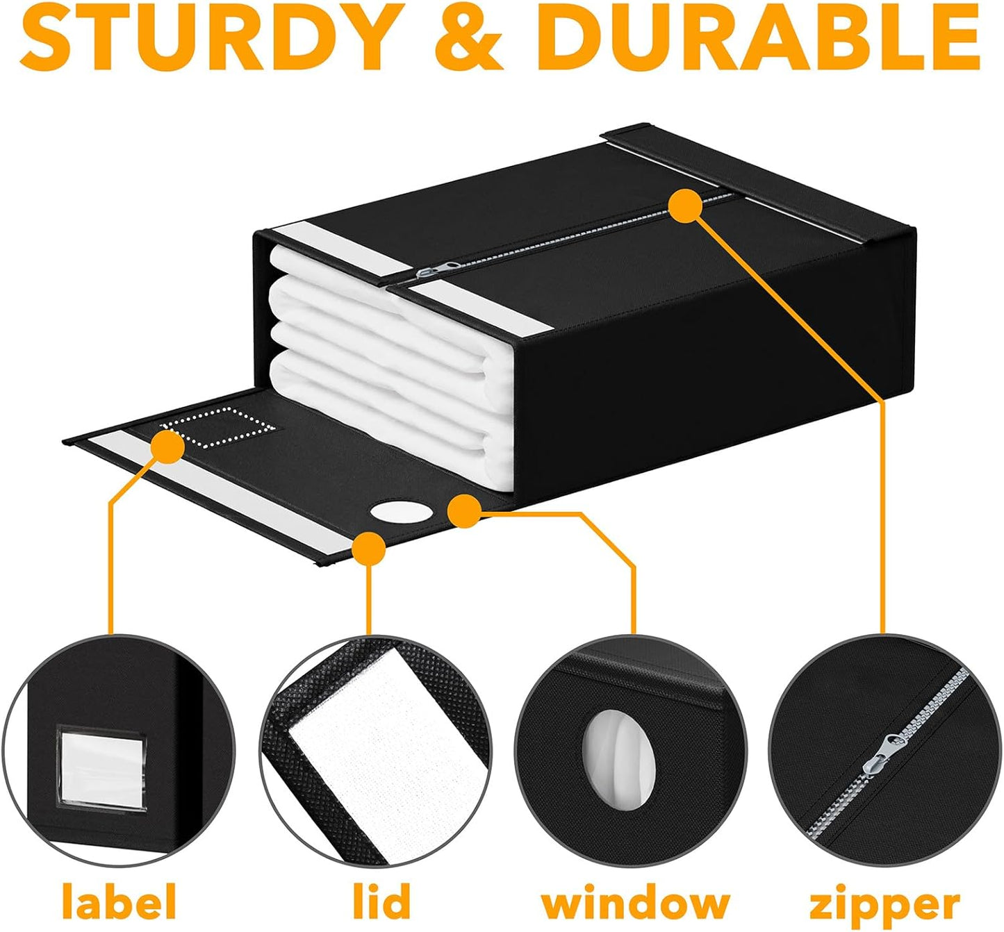 SpaceAid Bed Sheet Organizer - 6 Pack Foldable Storage with Window for Queen & King Size Bedding (Black)