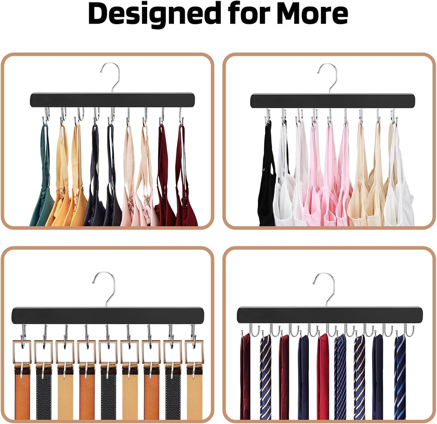 NECAMOCU Bra Hanger - Premium Wooden Closet Organizer with 36 Foldable Hooks | Space-Saving Design in Black
