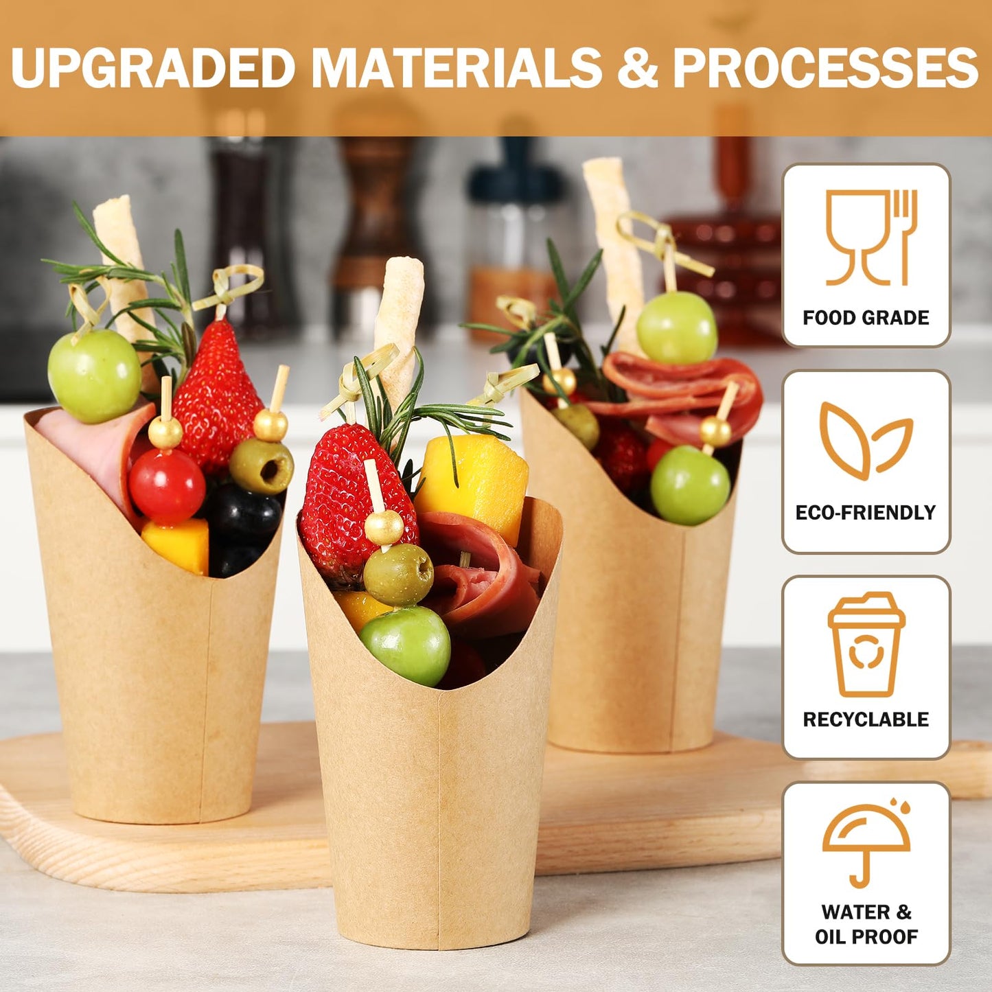Vicuna R Charcuterie Cups French Fry Holder, 50PCS Appetizer Cups for Parties + 50 Labels, 12 oz Kraft French Fry Cup, Disposable Brown Paper Snack Cup, Charcuterie Boards Accessories