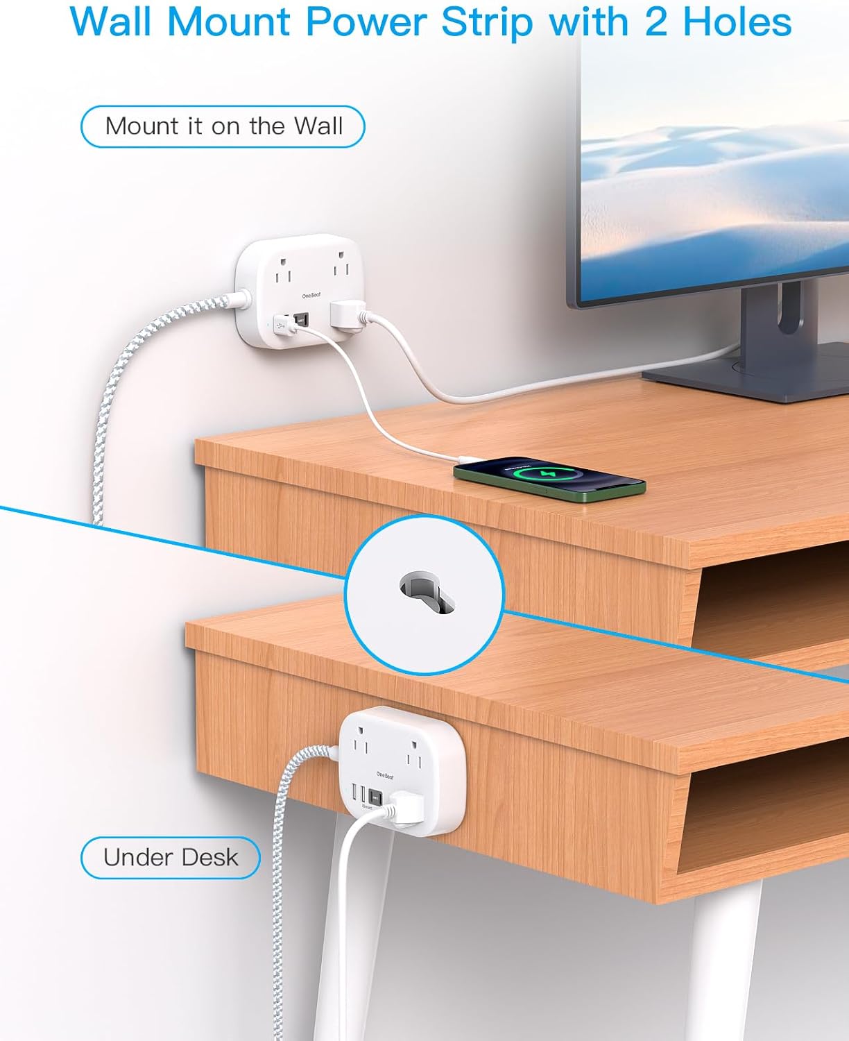 One Beat | Travel Power Strip with USB-C Ports - 3 Outlets & 4 USB Ports, 5 ft Extension Cord for Cruise & Dorm Room