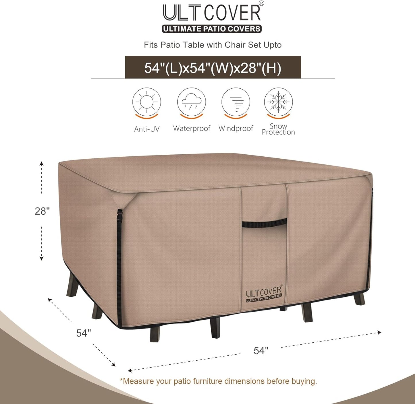 ULTCOVER Square Patio Table Cover - Heavy Duty 600D Waterproof Canvas for 54-Inch Outdoor Furniture