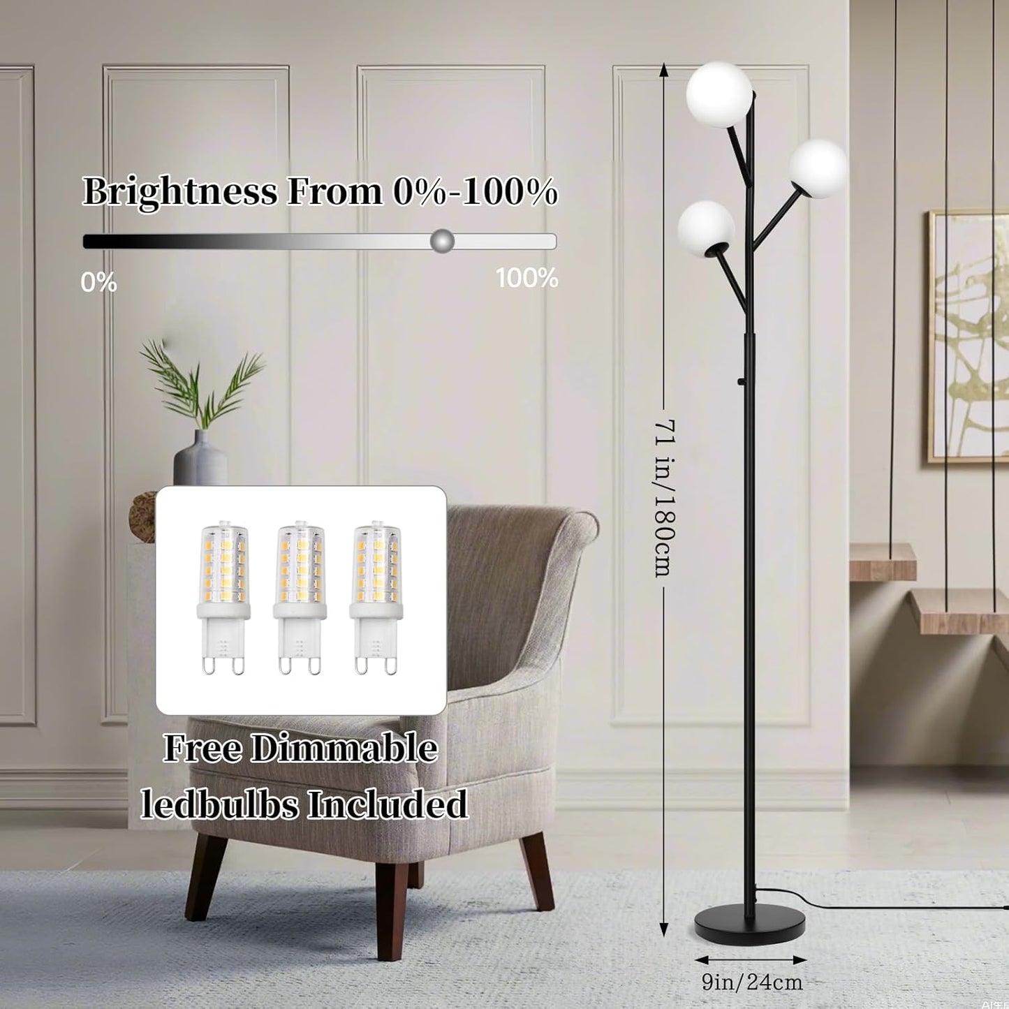 Globe Mid Century Tree Floor Lamp with 3 Light Bulbs,70in Tall Standing Glod Floor Lamp with Frosted Glass Shade for Living Room,Office,Bedroom, Study Room, Hotel, Antique Brass Lighting