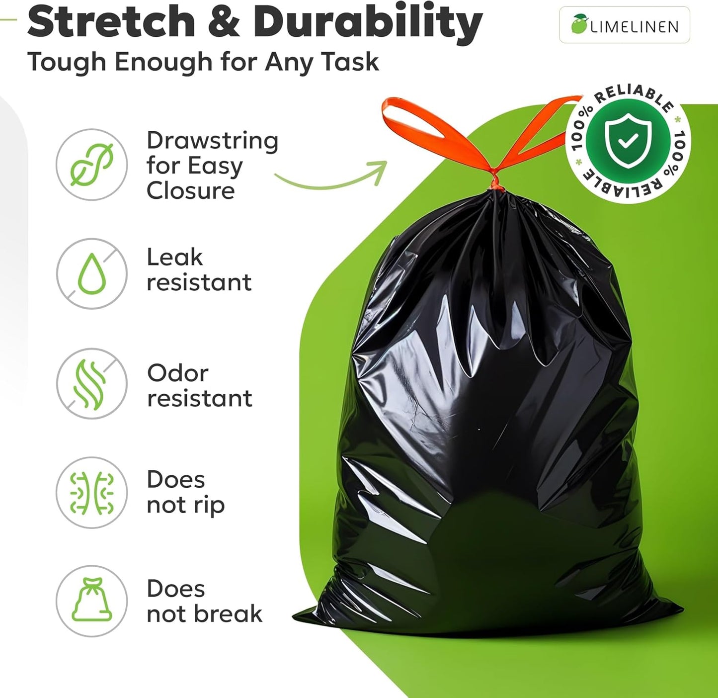 LIMELINEN 30 Gallon Extra Thick Trash Bags - 100 Count Drawstring, Leak & Odor-Resistant for Home & Office