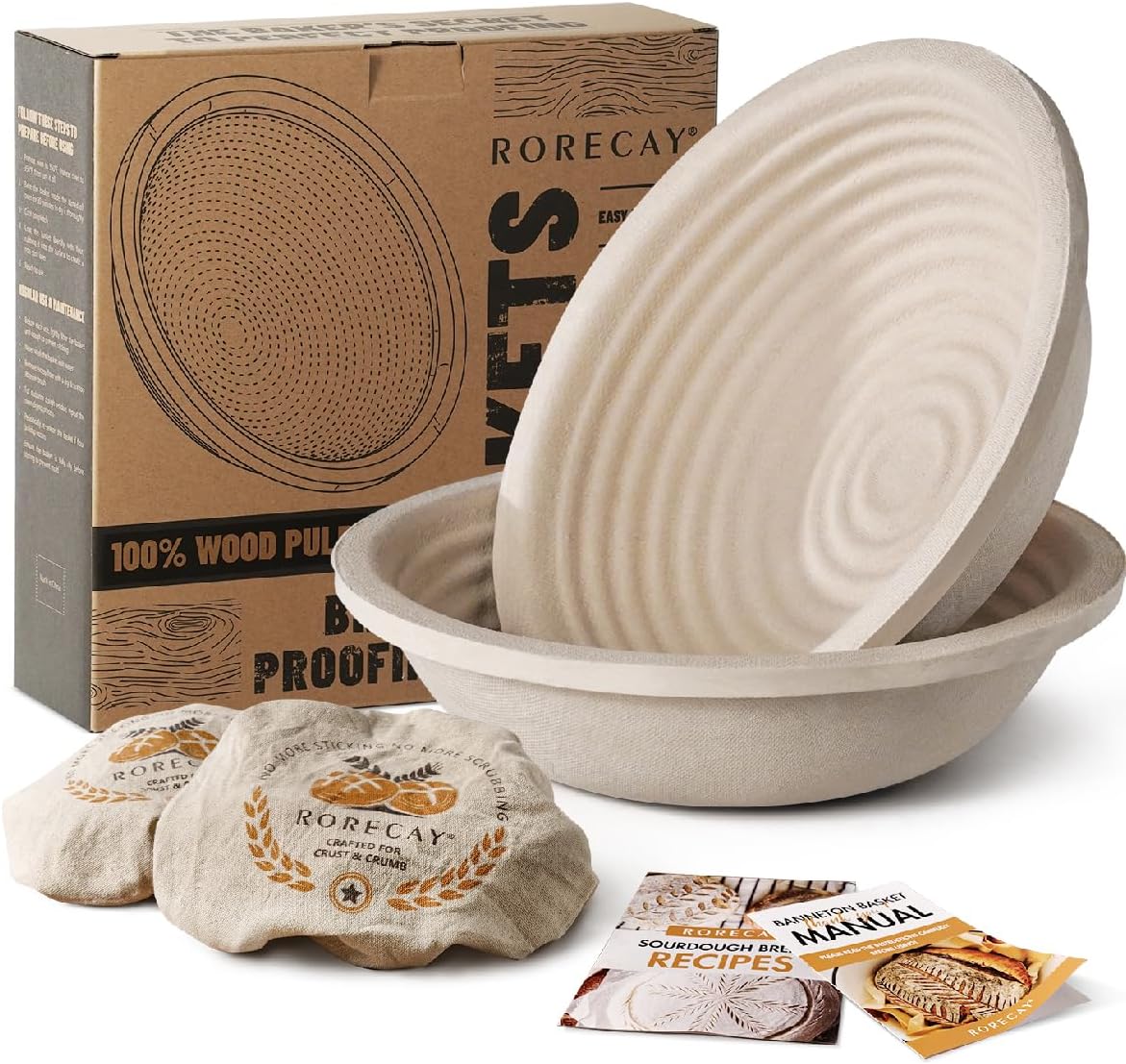 Wood Pulp Banneton Bread Proofing Baskets - Set of 2, 9 Inch Round Non-Stick Sourdough Bowls