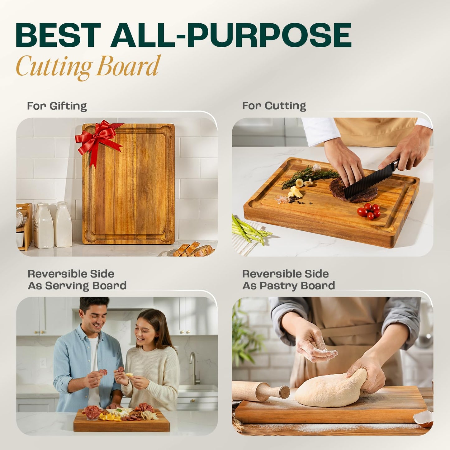 Yes4All Extra Large Acacia Wood Cutting Board for Kitchen, 24''L x 15''W x 1.5'' Thick, Durable Edge Grain Design with Juice Grooves, Pre-Oiled, Easy Grip Handle, Ideal for Chopping and Serving