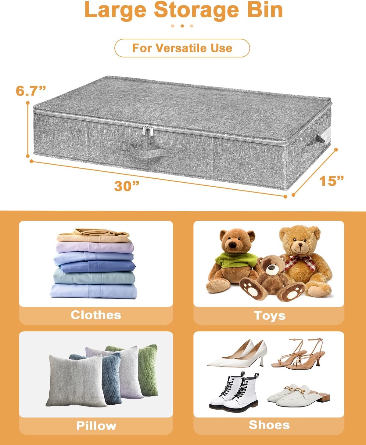 Under Bed Storage | Skiennix 2-Pack Foldable Storage Bags with Lids - Durable Clothes Organizer, Grey, 30x15x6.7 Inch