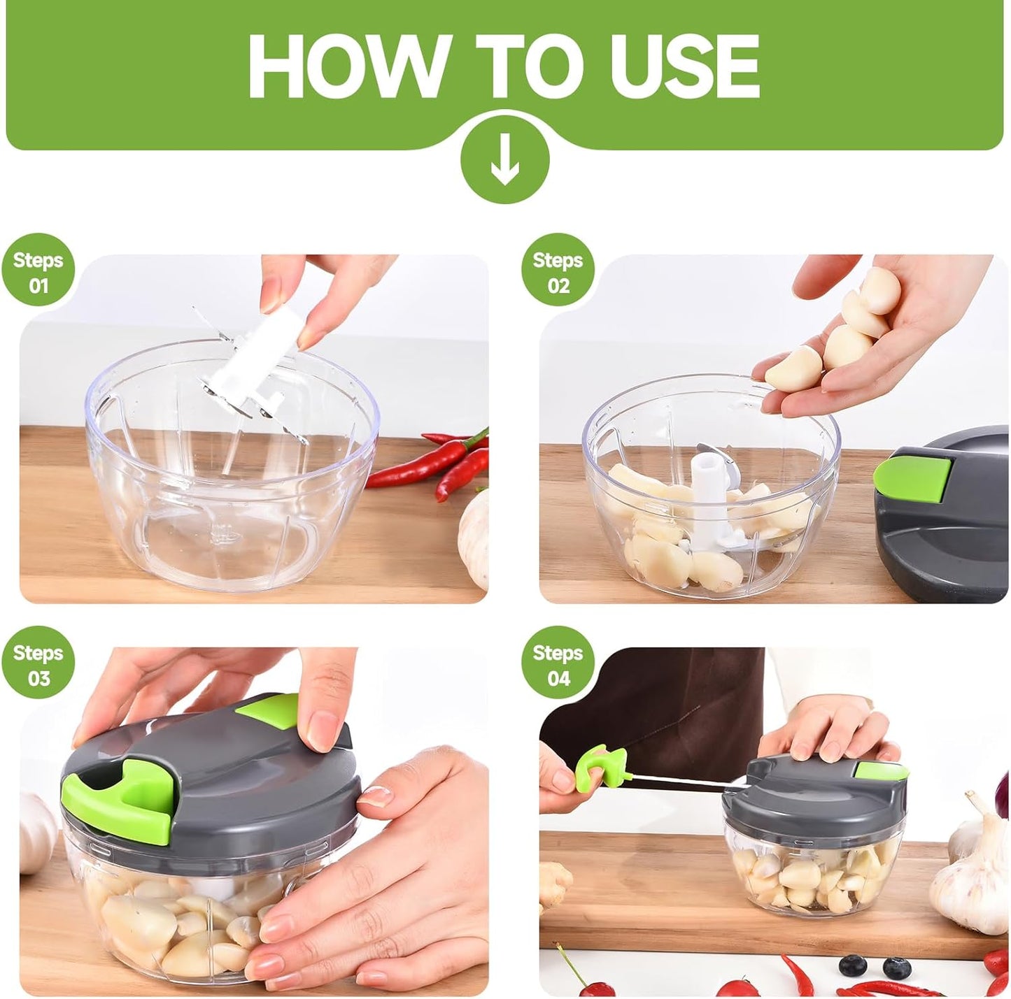 Skiennix Manual Food Processor - Portable Hand-Pull Vegetable Chopper | 500ml Gray-Green Mincer for Garlic, Onions, and More