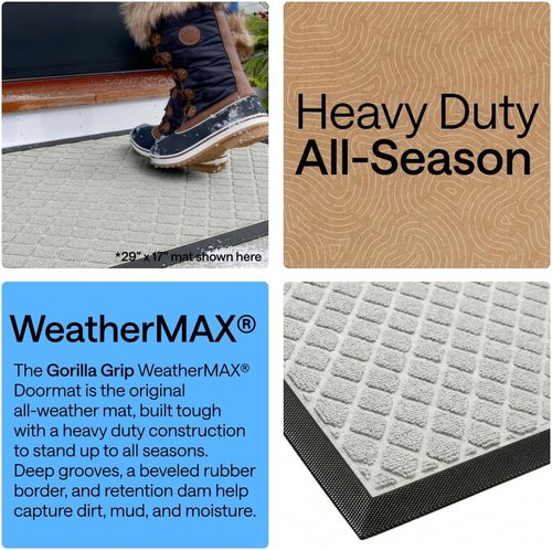 GORILLA GRIP Waterproof All-Season WeatherMAX Doormat - Natural Rubber, Stain & Fade Resistant, 29x17, Light Gray