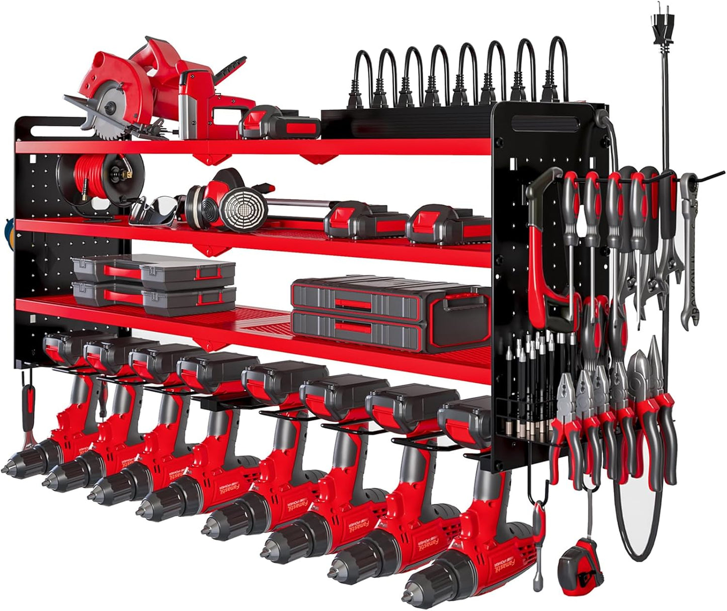 NattyDot Power Tool Organizer - Wall Mount Charging Station with 8 Drill Holders | 4-Layer Garage Storage Rack (Red)