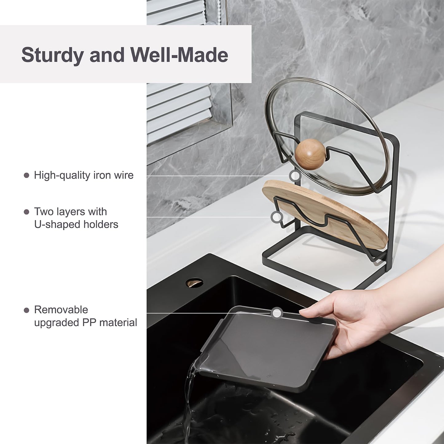 XCCK Pot Lid Holder While Cooking, Kitchen Pot Lid Storage Rack for stove top, Multifunctional Kitchen Pot Lid Organizer for Countertop (Iron,Dark Grey)