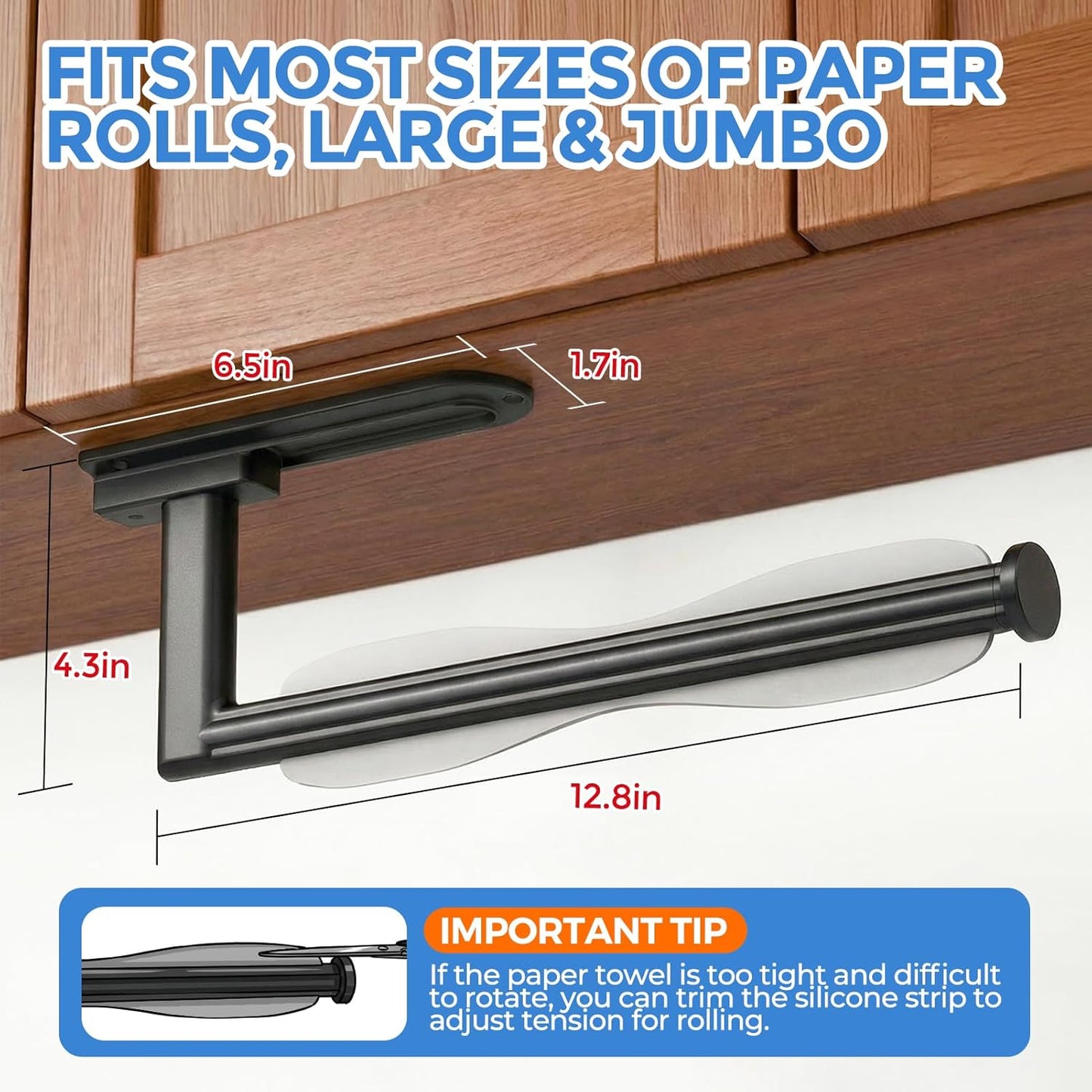 Zaa Paper Towel Holder - Under Cabinet Wall Mount, Self-Adhesive or Drilling, One-Hand Tear, Black Finish