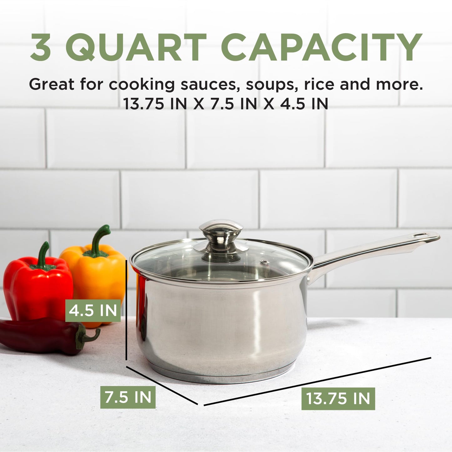 Ecolution Stainless Steel Sauce Pan, Encapsulated Induction Ready Cooking Pot with Glass Lid, Oven Safe, Dishwasher Safe Soup Pot, 3-Quart