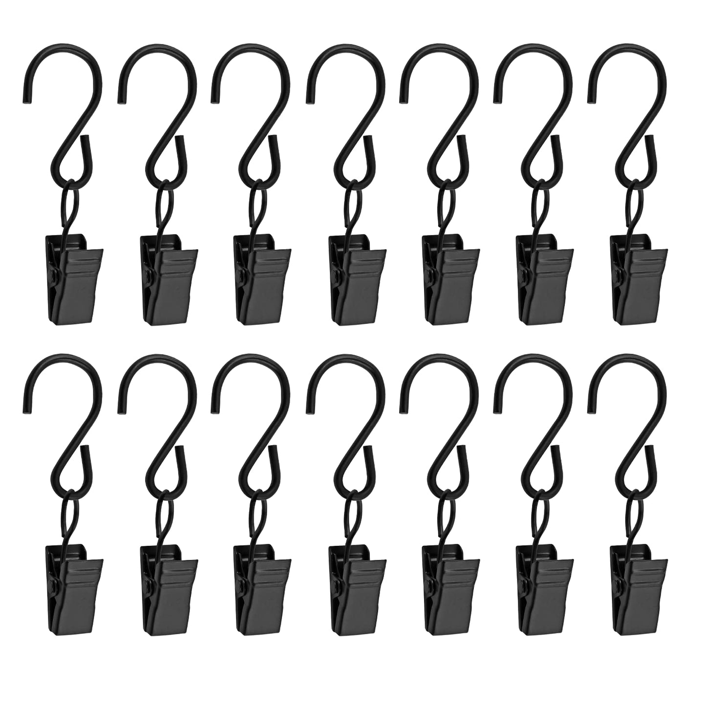 Unlorspy 50 Pack Stainless Steel S Hanging Hooks with Clips, 2.4 Inch Long Curtain Clips with S Hooks for Hanging Party String Lights, Home, Garage, Party, Patio, Camp and More (Black)