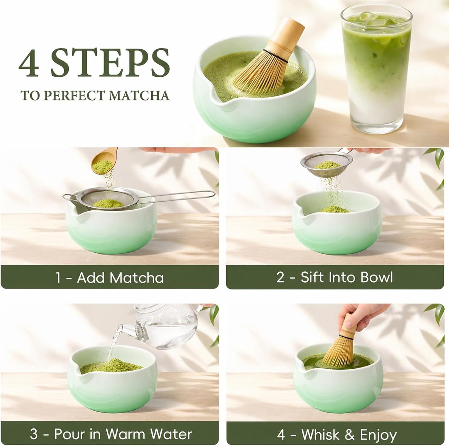 Skiennix Matcha Whisk Set - Complete 6PCS Ceramic Kit with Bamboo Whisk, Bowl, and Sifter | Green