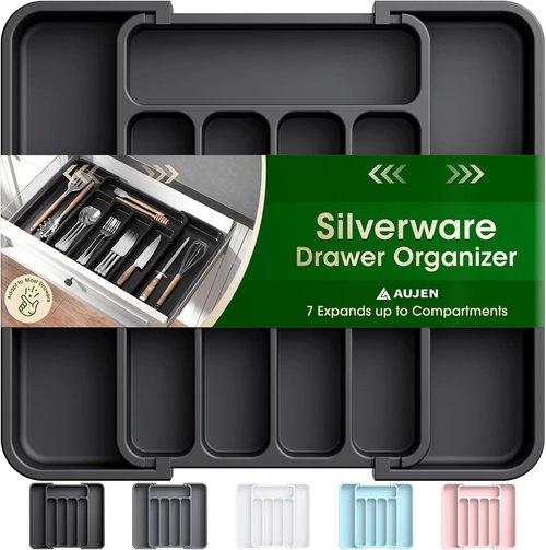 Aujen Silverware Organizer - Expandable Utensil Tray with Adjustable Sections | Black, Medium Size