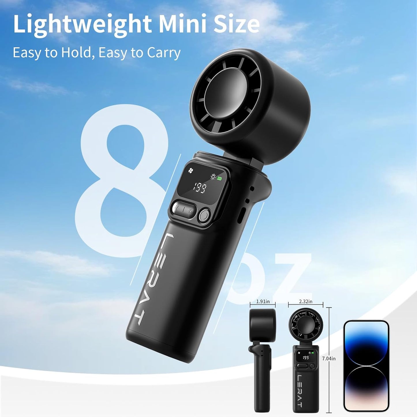 Lerat Portable Handheld Turbo Fan - 5-Speed Mini Fan with 4000mAh Rechargeable Battery | 3-in-1 Foldable Design for Travel & Beach, Black