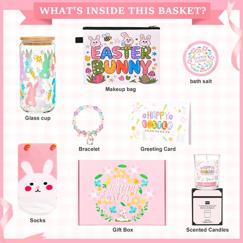 Honxicur Happy Easter Gifts Set for Women Sister Teens Adults Stuff, Easter Basket Stuffers with 16oz Glass Cup, Scented Candles, Bracelet, Makeup bag & Socks, Self Care Gifts for Women