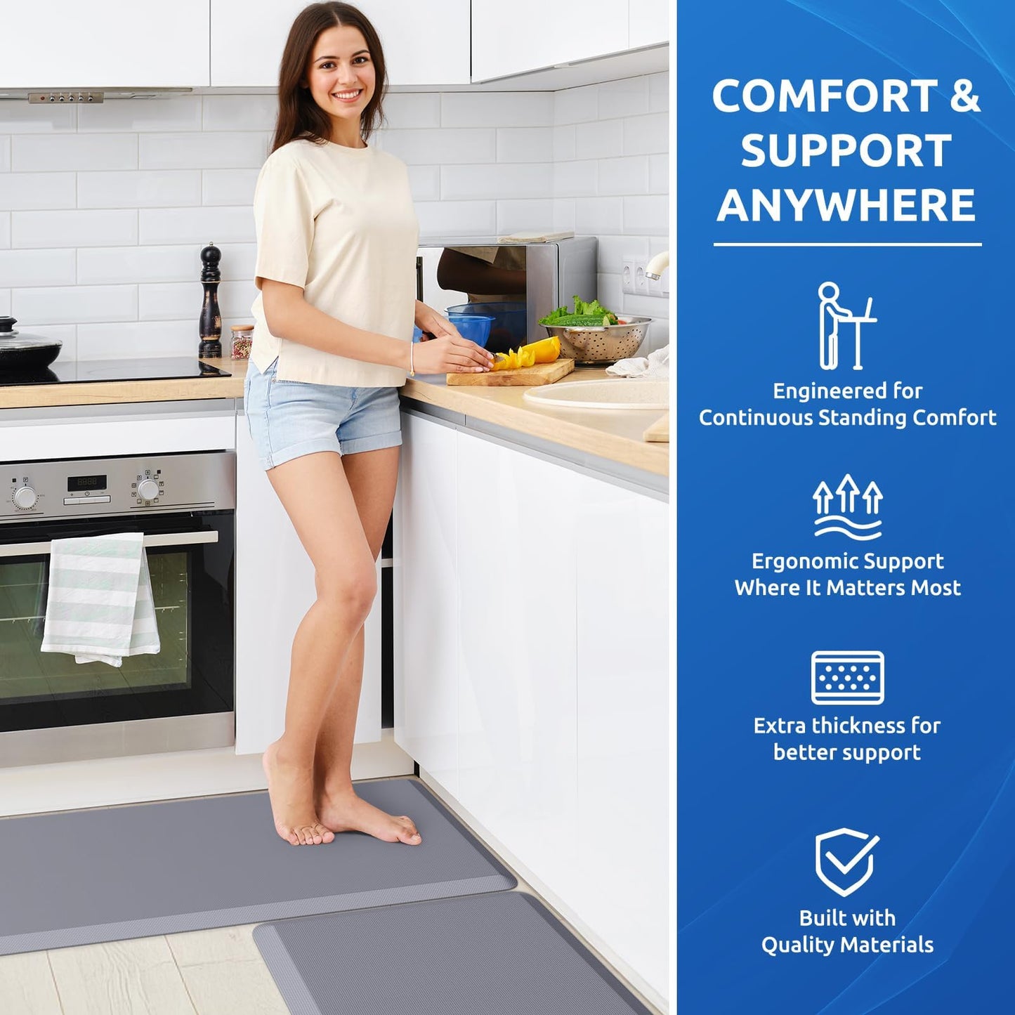 KitchenClouds 2PCS Kitchen Rugs Cushioned Anti-Fatigue Non-Slip Water Resistant Kitchen Mat Comfort Foam Standing Mat for Floor Office Sink Laundry (Grey)