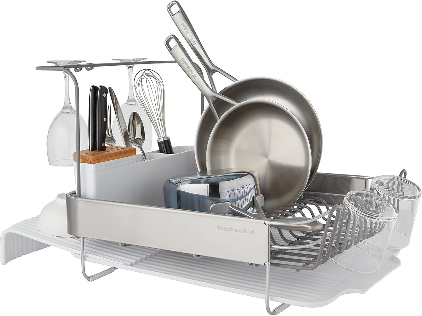 KitchenAid Expandable Dish Rack - Rust Resistant with Self-Draining Angled Drainboard | 24-Inch, White