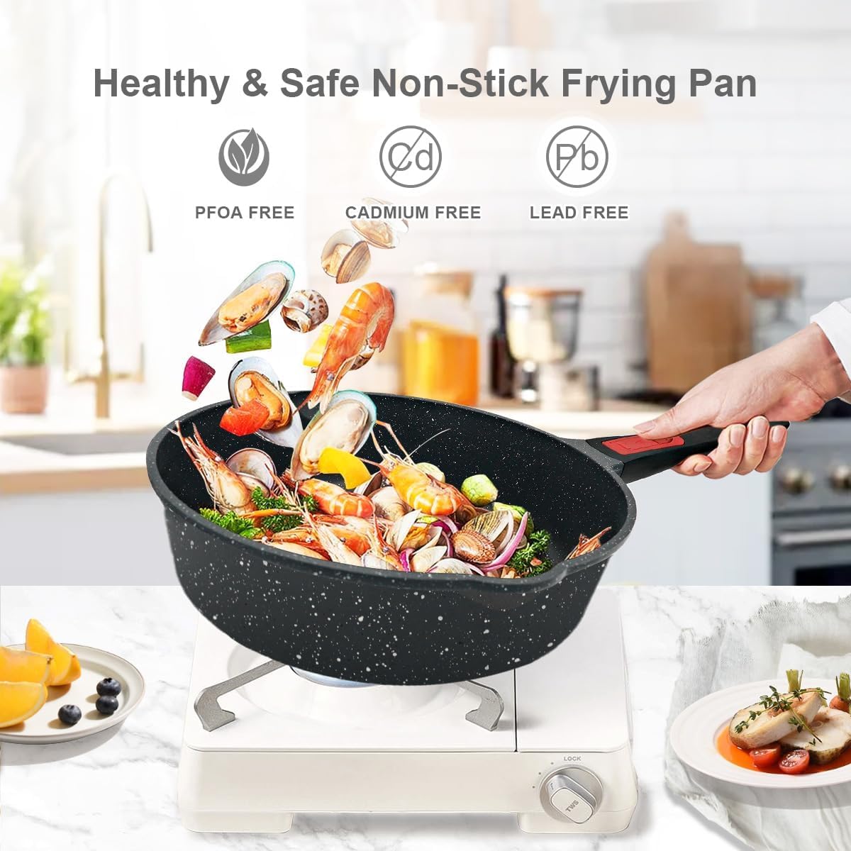 AIKENBBKK 12 Inch Frying Pans Nonstick with Lid, 5 Qt Large Deep Frying Pan Skillet with Cover, Non Stick Cooking Sauté Pan Compatible with All Stovetops, Detachable Handle, Oven Safe, PFOA PFOS Free