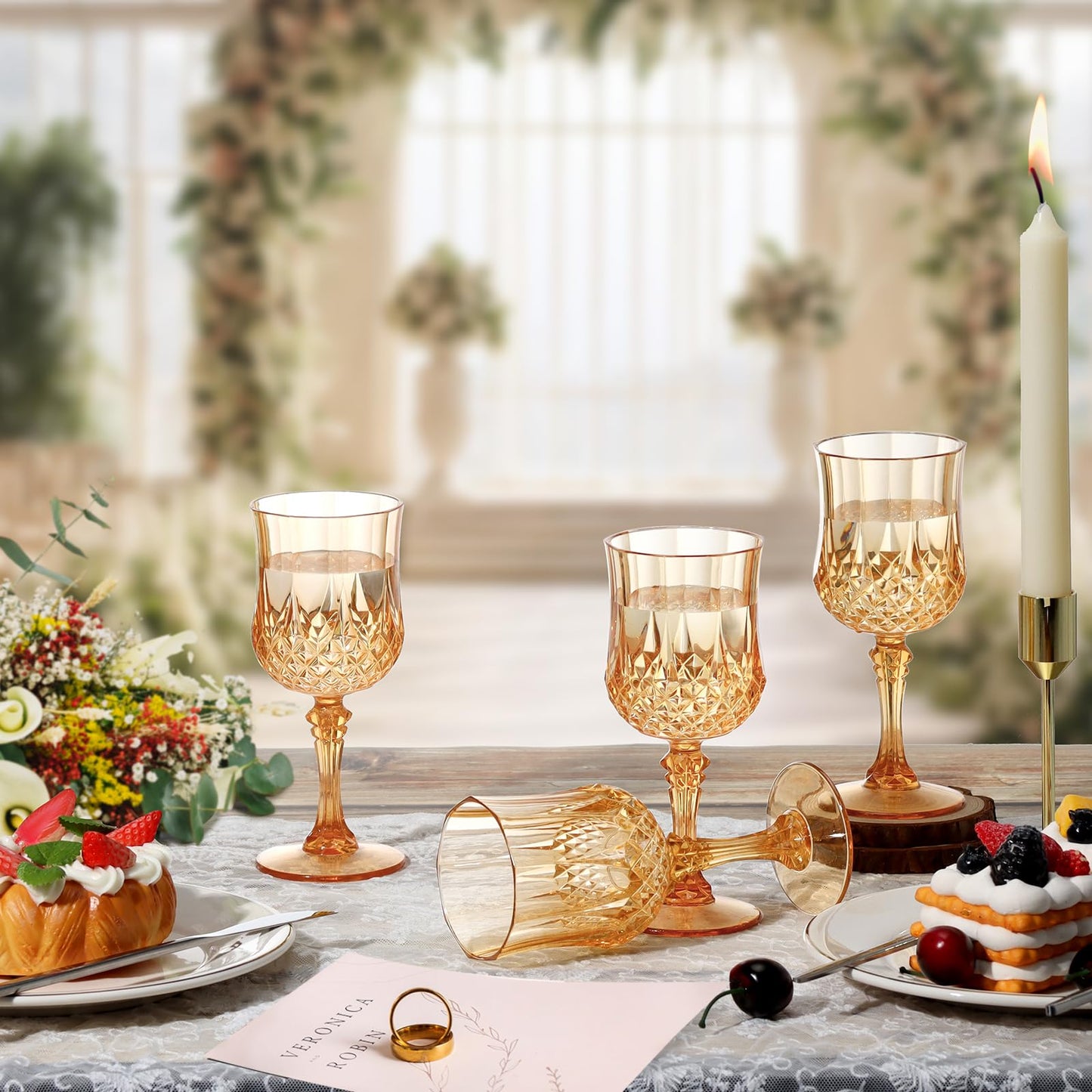 XUWAIDSGN 24 Pcs 7oz Plastic Vintage Wine Glasses Drinking Glasses Unbreakable Wedding Glassware Crystal Water Goblets Reusable Drinkware Vintage Champagne Flutes (24, Amber)