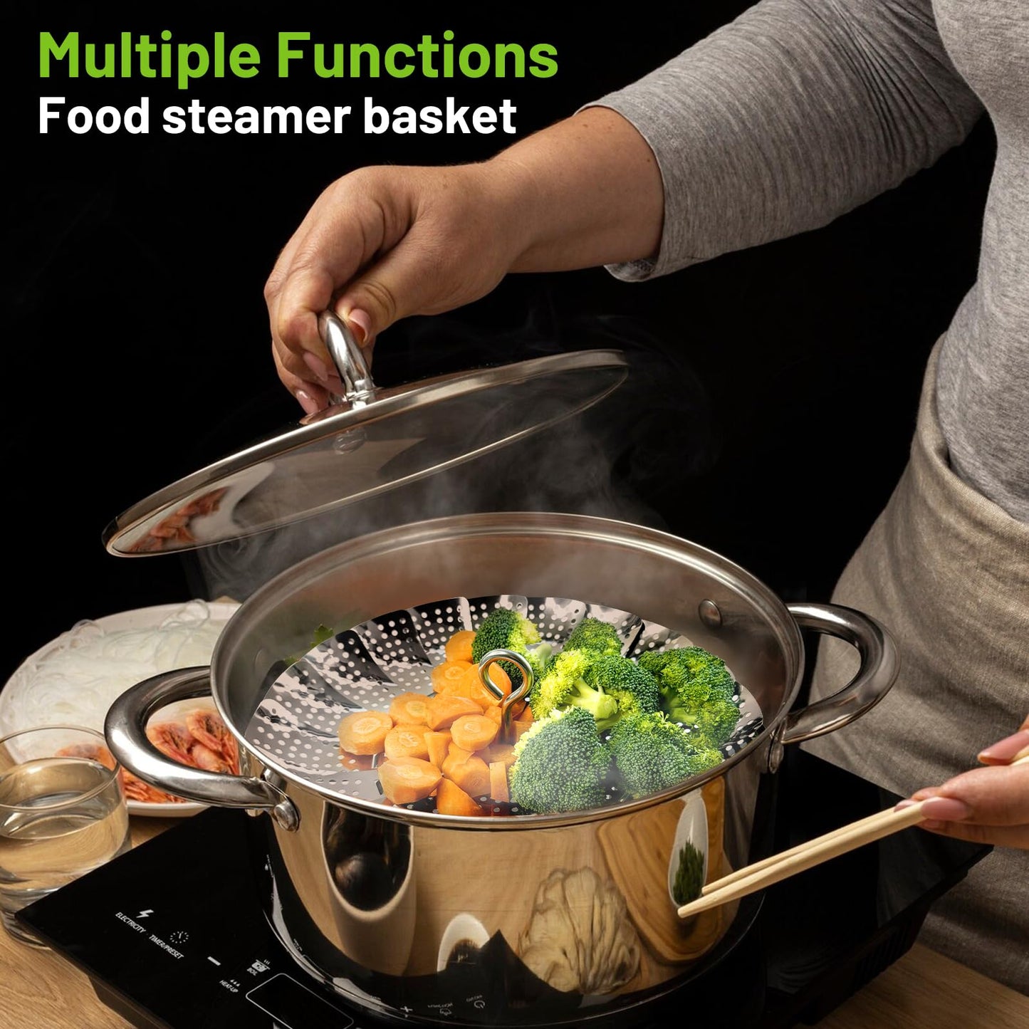 Sayfine Vegetable Steamer Basket, Premium Stainless Steel Veggie Steamer Basket - Folding Expandable Steamers to Fits Various Size Pot (Extra Large (6.5" to 11"))