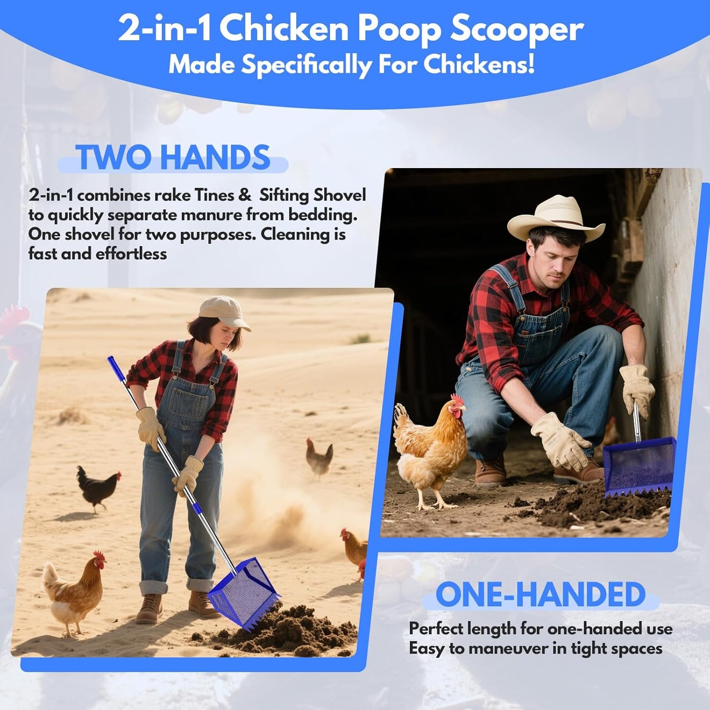 Skiennix Chicken Poop Scooper & Rake - 2-in-1 Stainless Steel Shovel with Handle for Easy Cleanup (Blue, 10")