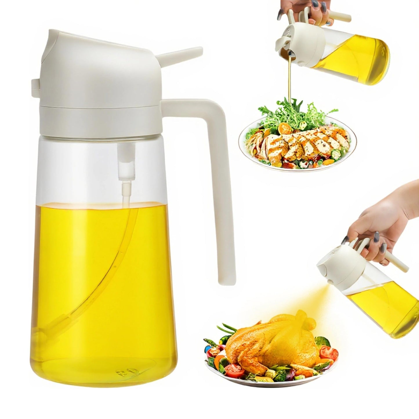 Aovdy 16oz/470ml Glass Olive Oil Sprayer for Cooking - 2 in 1 Olive Oil Dispenser Bottle Spray and Pour for Kitchen Gadgets Cooking Air Fryer Salad BBQ (White)