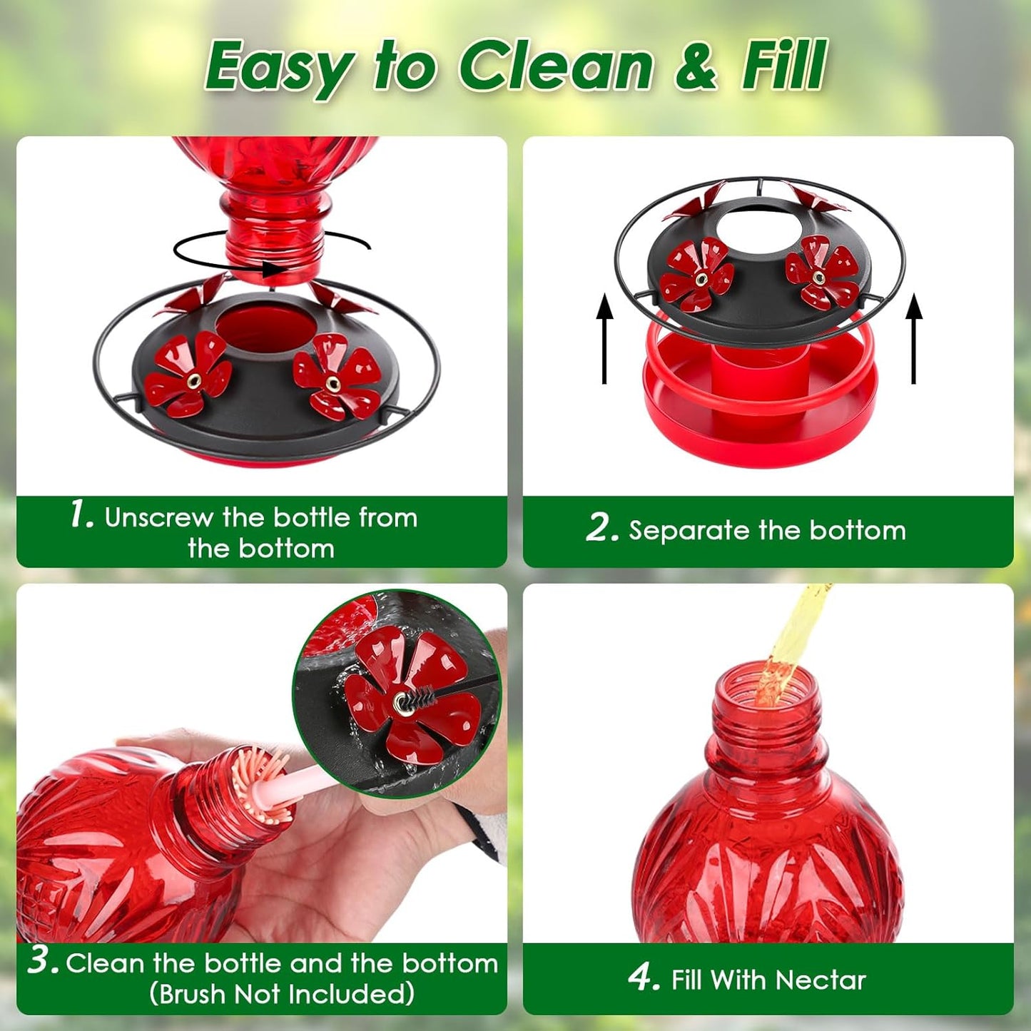 Skiennix Glass Hummingbird Feeder - 20oz Outdoor Nectar Feeder with 4 Flower Ports & Ant Moat, Red