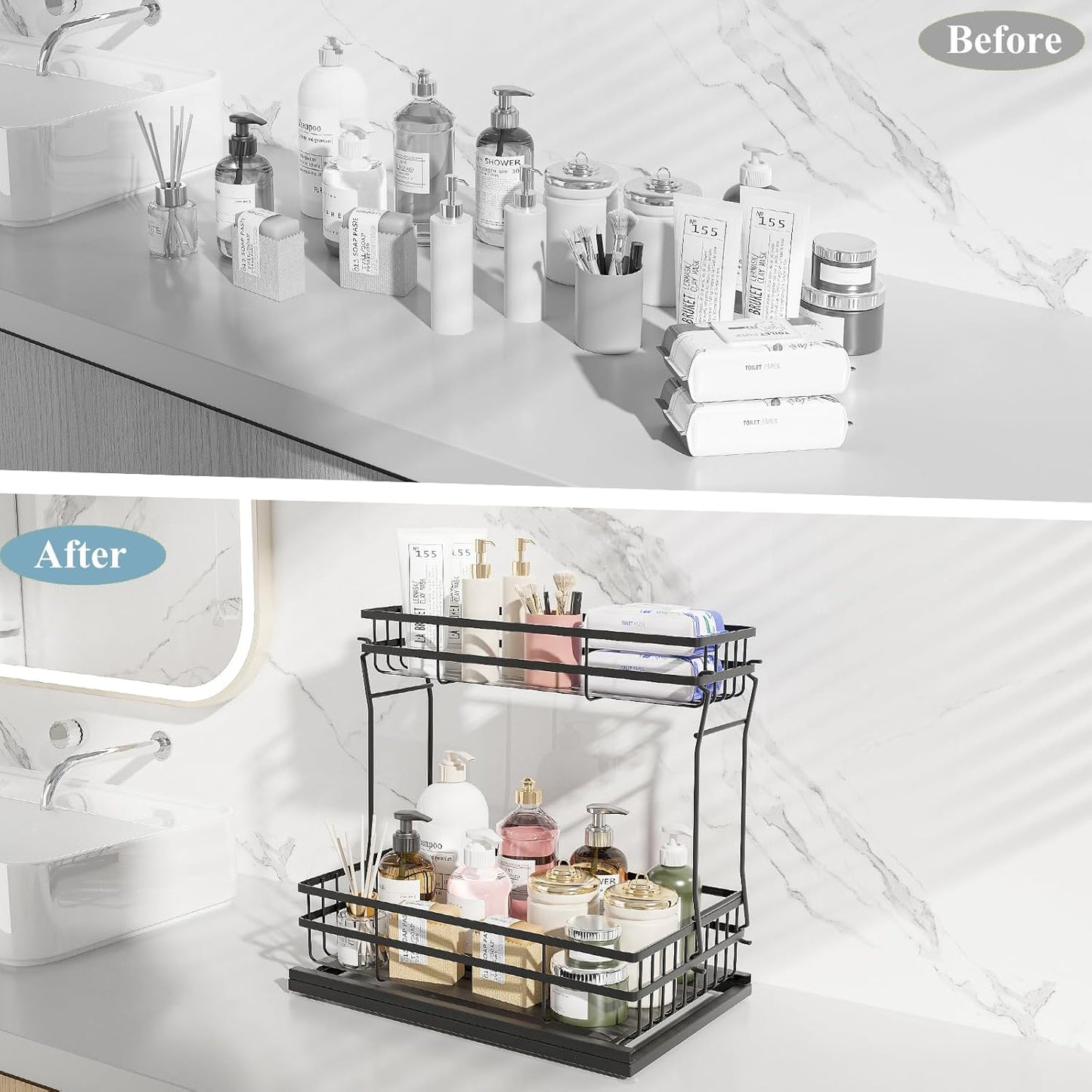 Skiennix Under Sink Organizer - 2 Tier Pull-Out Cabinet Storage with Metal Sliding Drawers | Black