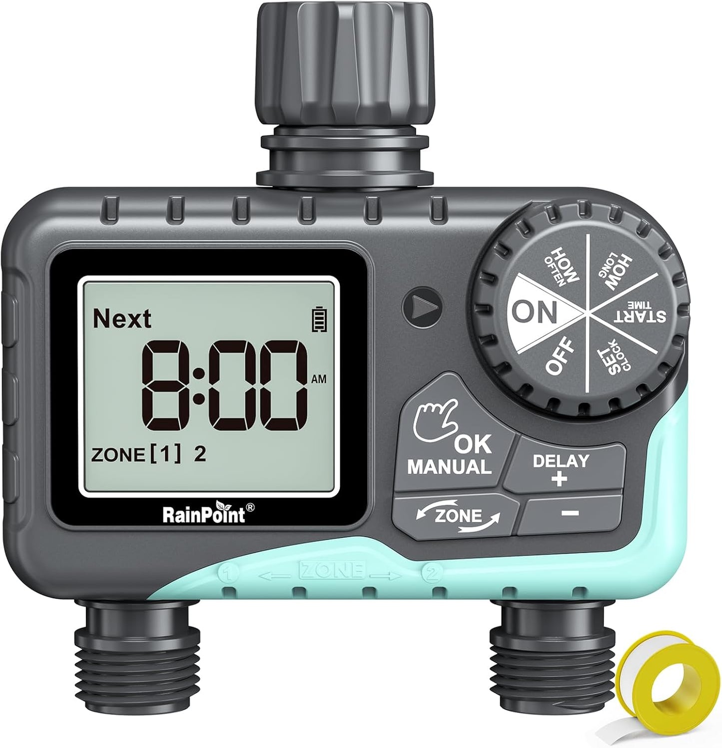 RAINPOINT Sprinkler Timer - 2 Outlet Programmable Water Timer for Garden Hose | LCD Display, Rain Delay & Manual Control