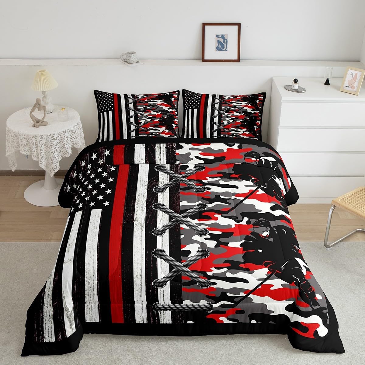 jejeloiu Baseball Comforter Set Twin Size Kids Camo American Flag Comforter for Boys Girls Teens Camouflage Bedding Set Breathable Baseball Games Duvet Set Room Decor Quilt Set