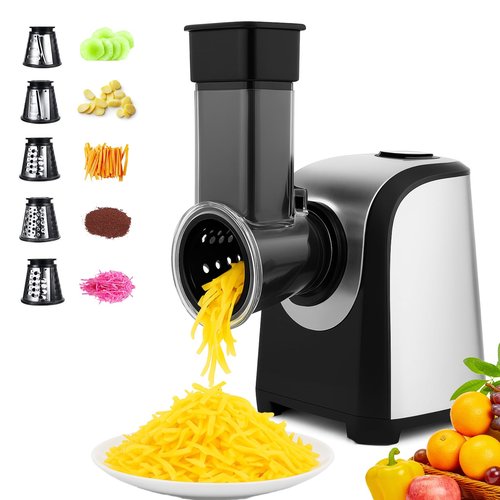 Electric Cheese Grater, 150W Electric Slicer Shredder with 5 Different Blades, One-Touch Control Salad Maker for Home Kitchen Use, Electric Cheese Grater for Block Cheese, Fruit, Vegetables, BPA-Free