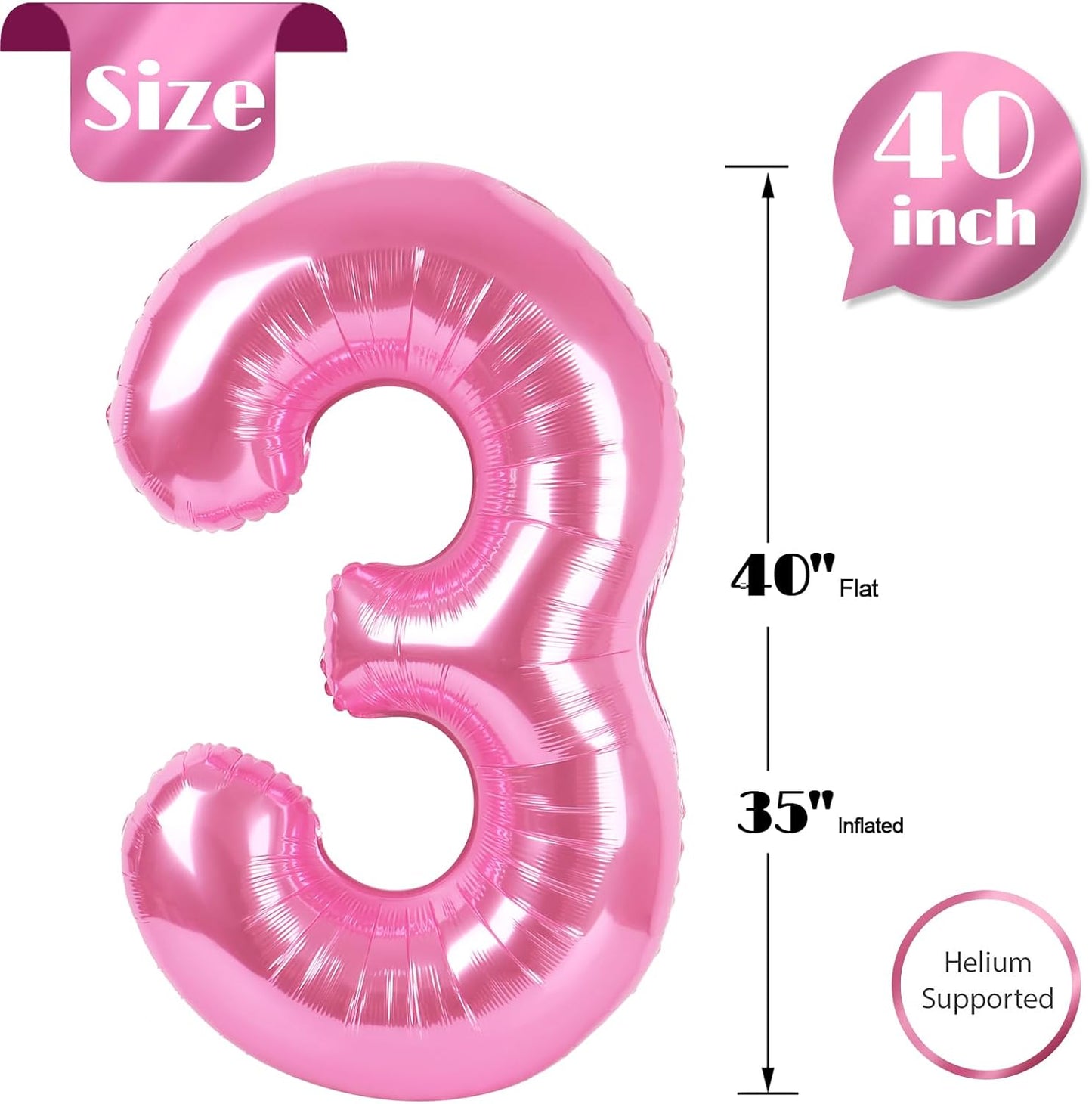 Number 3 Balloon - 40 Inch Pink Birthday Decoration for Kids & Women’s Parties