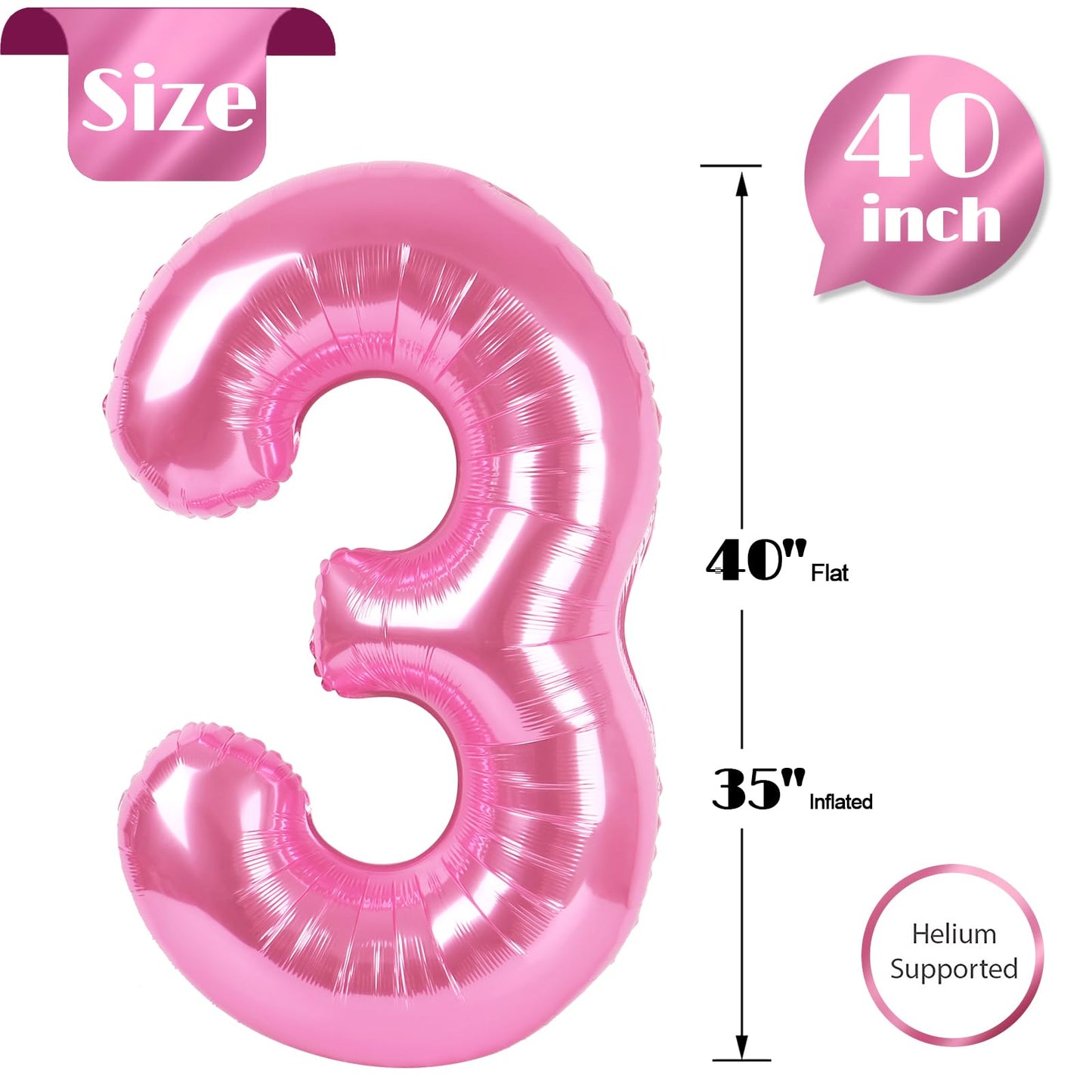 Pink 3 Balloon, Number Balloons 40 Inch, 3rd Birthday Decorations for Kids Girls Women Party Supplies for Party Decorations, Number 3 Balloon
