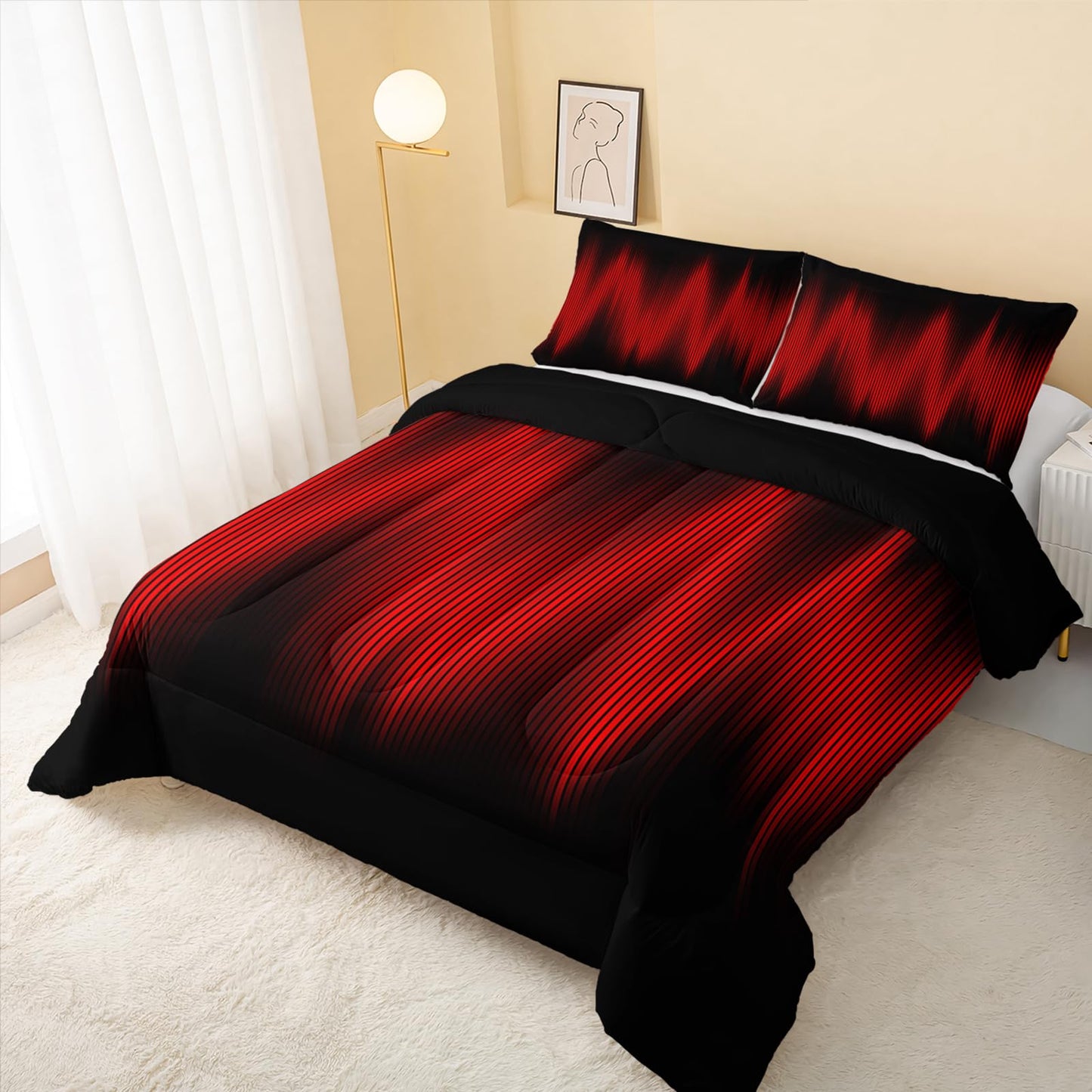 QOOMO Red Black Abstract Kids Comforter Set, Geometric Lines Boys Bedding Full, Gradient Modern Stylish 3D Quilt Set for Teen Adults Room Decoration, 1 Comforter & 2 Pillowcases