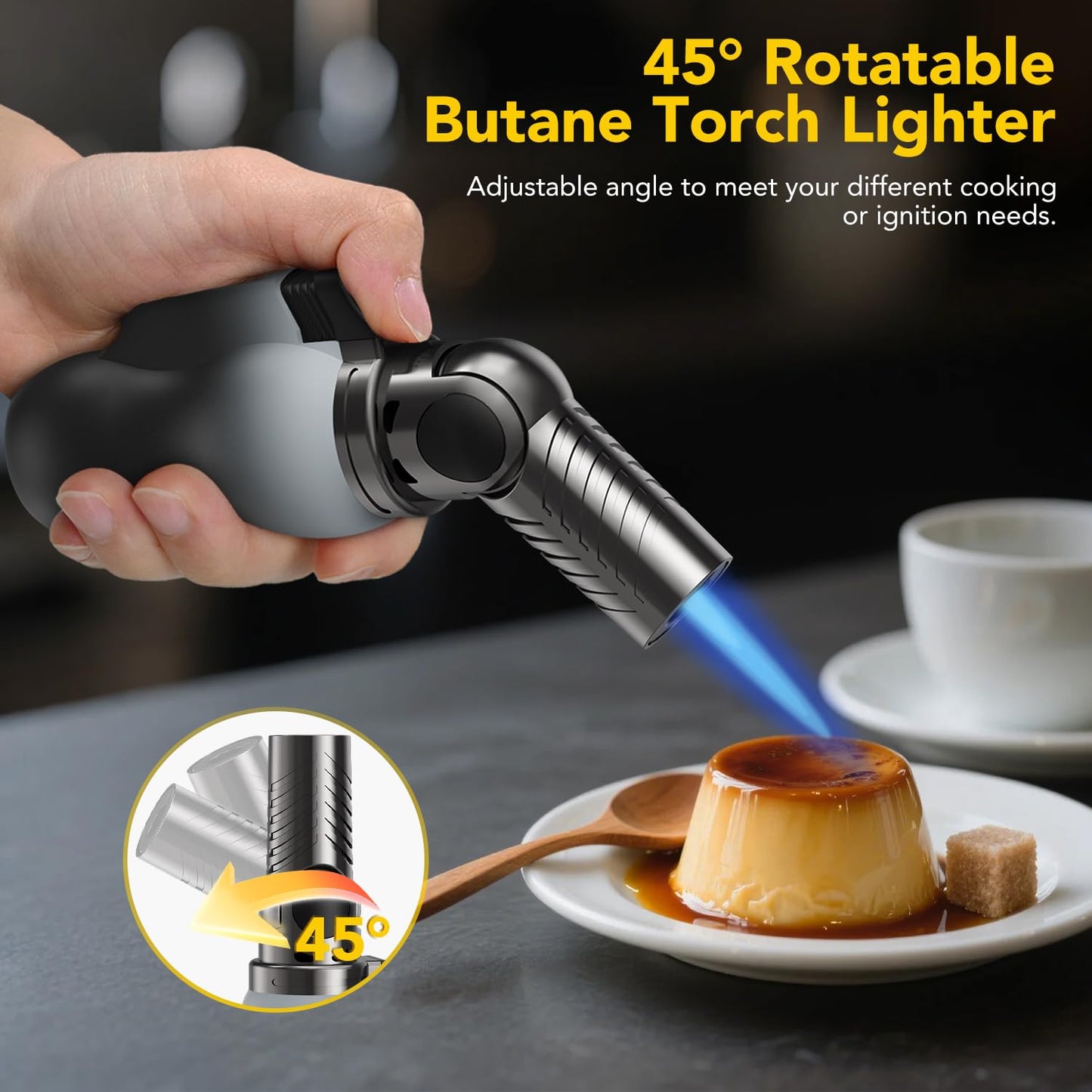 TBTeek Torch Lighter, Portable Kitchen Torch with 45° Rotatable Head and Adjustable Flame, Refillable Butane Torch Lighter for Soldering, Cooking, BBQ, Fireplaces, White-Black (Gas Not Included)