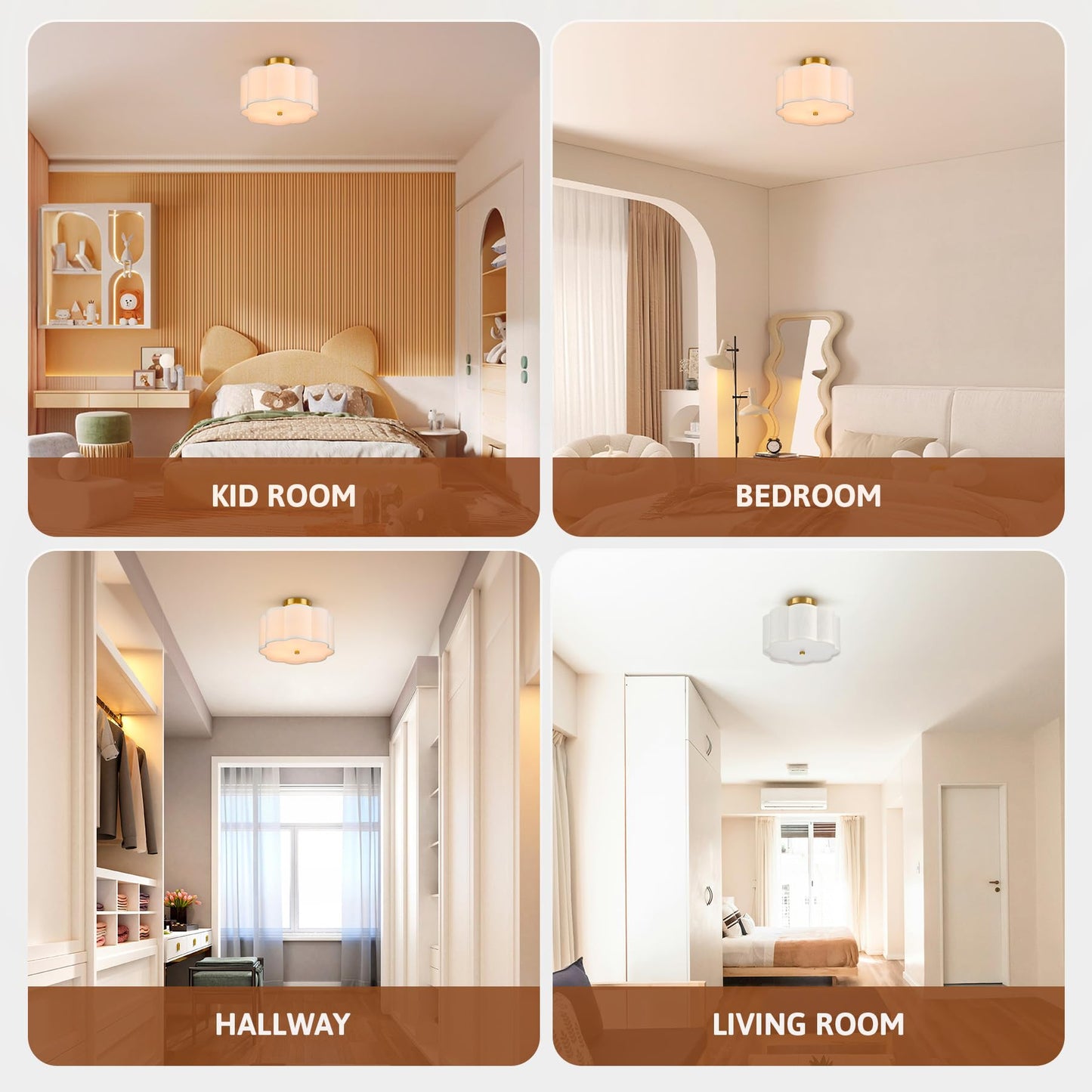 VONLUCE Semi Flush Mount Ceiling Light, 13'' Ceiling Light Fixture with Flower-Shaped Fabric Shade, 3-Light Modern Light Fixture for Bedroom Living Room Nursery Hallway, White Shade & Gold Finish